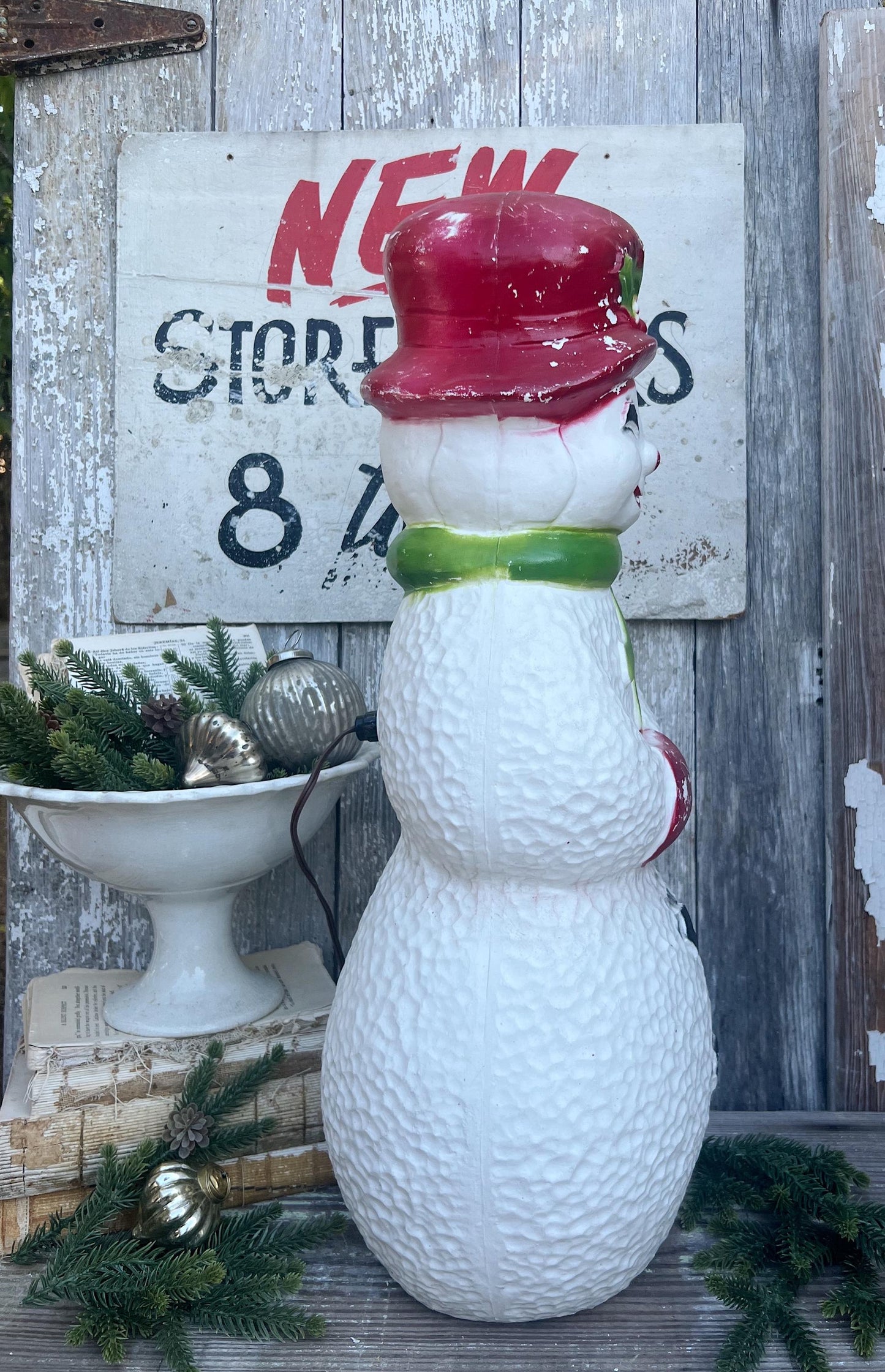 Vintage UNION SNOWMAN FROSTY Blow Mold Yard Decor Christmas Farmhouse Decor Vintage Retro Red White Green