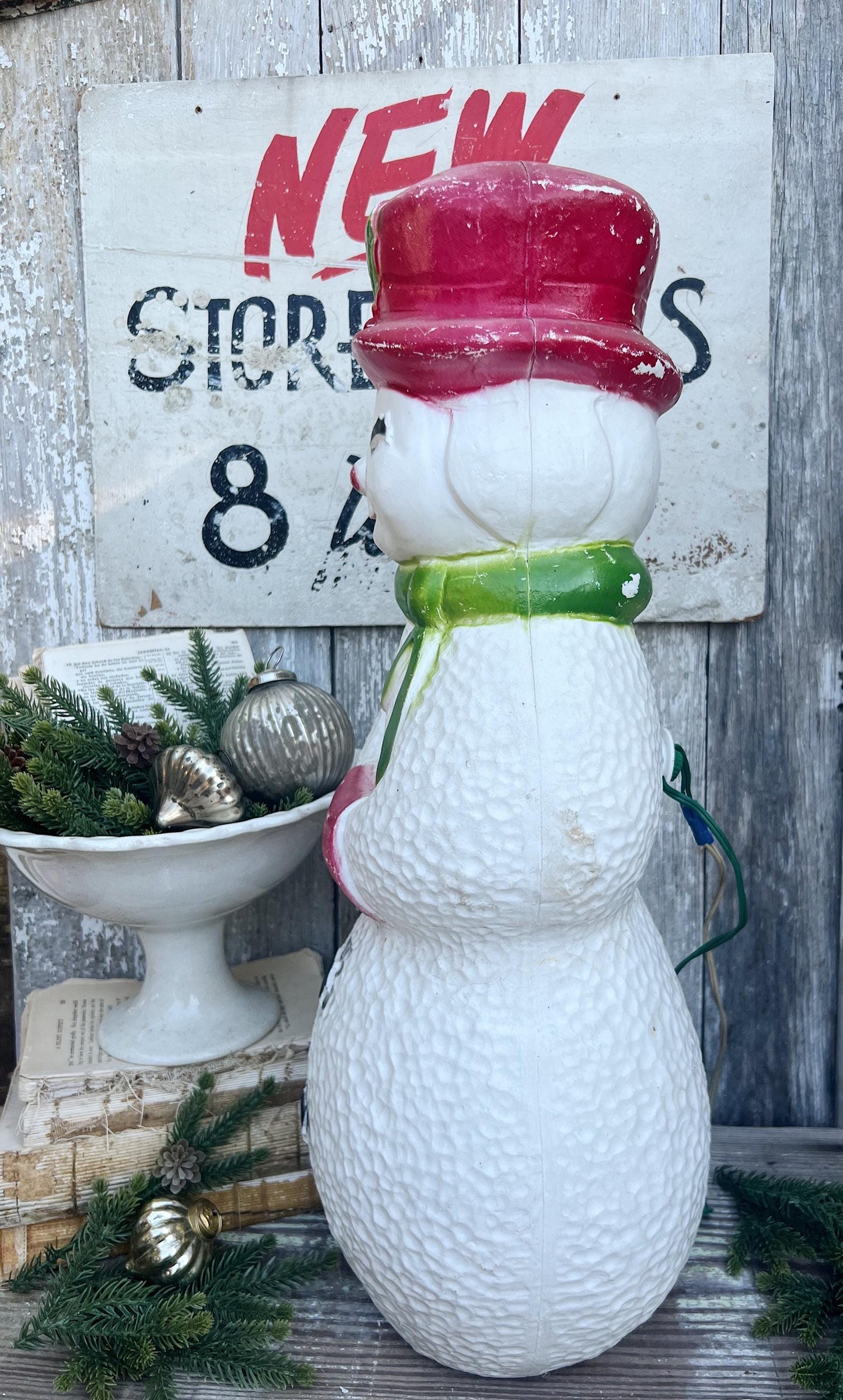 Vintage UNION SNOWMAN FROSTY Blow Mold Yard Decor Christmas Farmhouse Decor Vintage Retro Red White Green