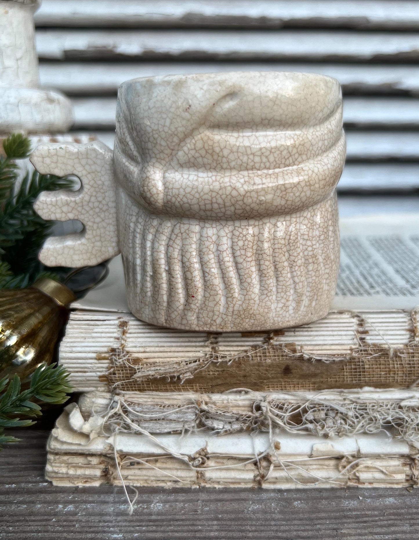 Vintage Ironstone NOEL Santa Claus Cup Mug FULL SIZE Santa Creamy White Farmhouse Japan Christmas Decor Grungy Crazing Letter “E”