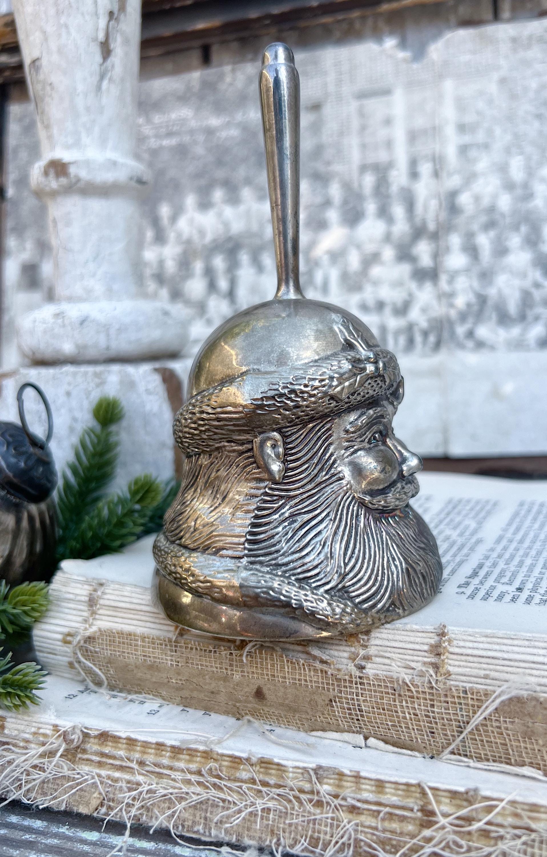 Vintage SANTA Silver Metal Bell Handheld Dinner Christmas Farmhouse Decor