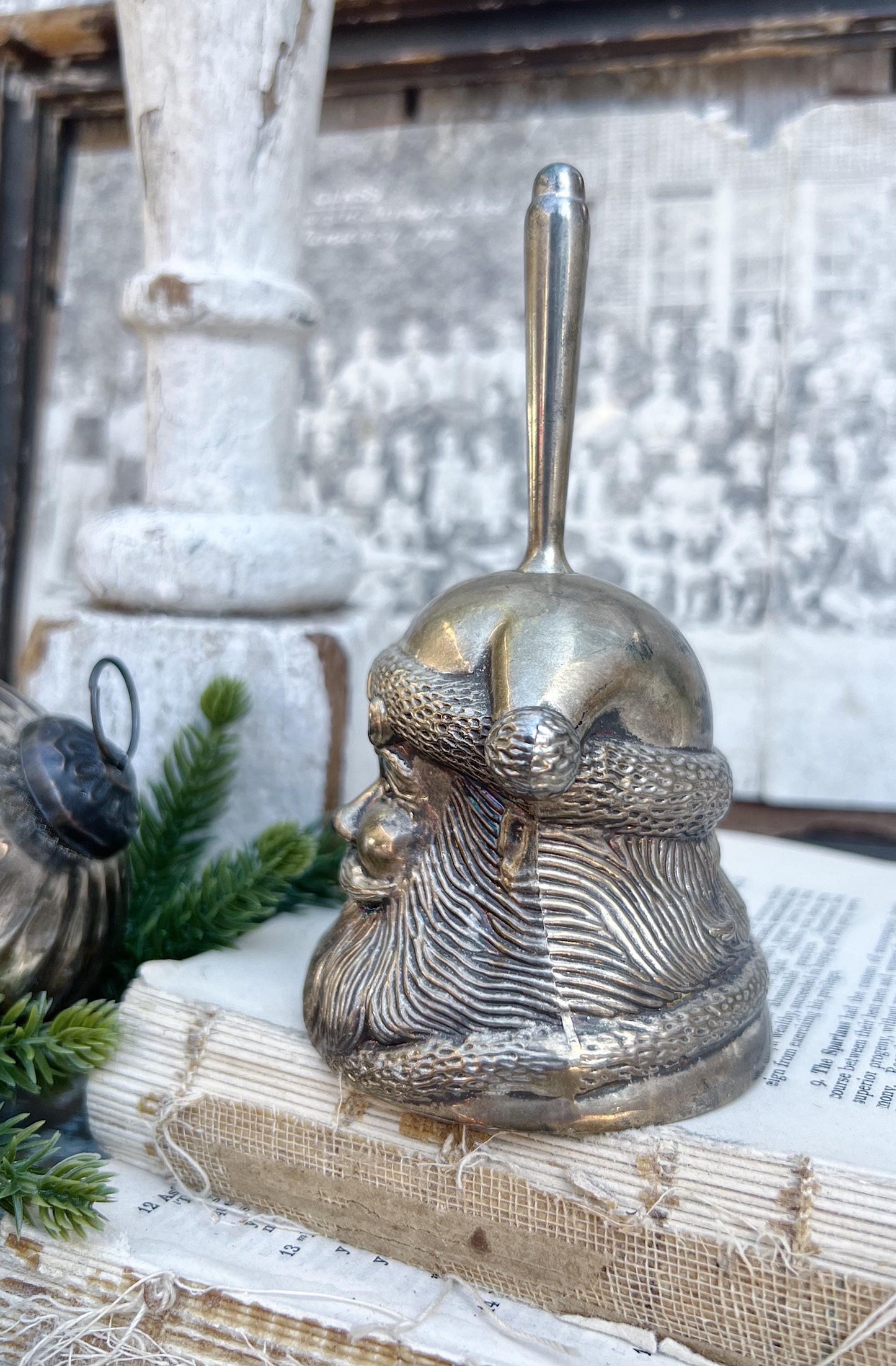 Vintage SANTA Silver Metal Bell Handheld Dinner Christmas Farmhouse Decor