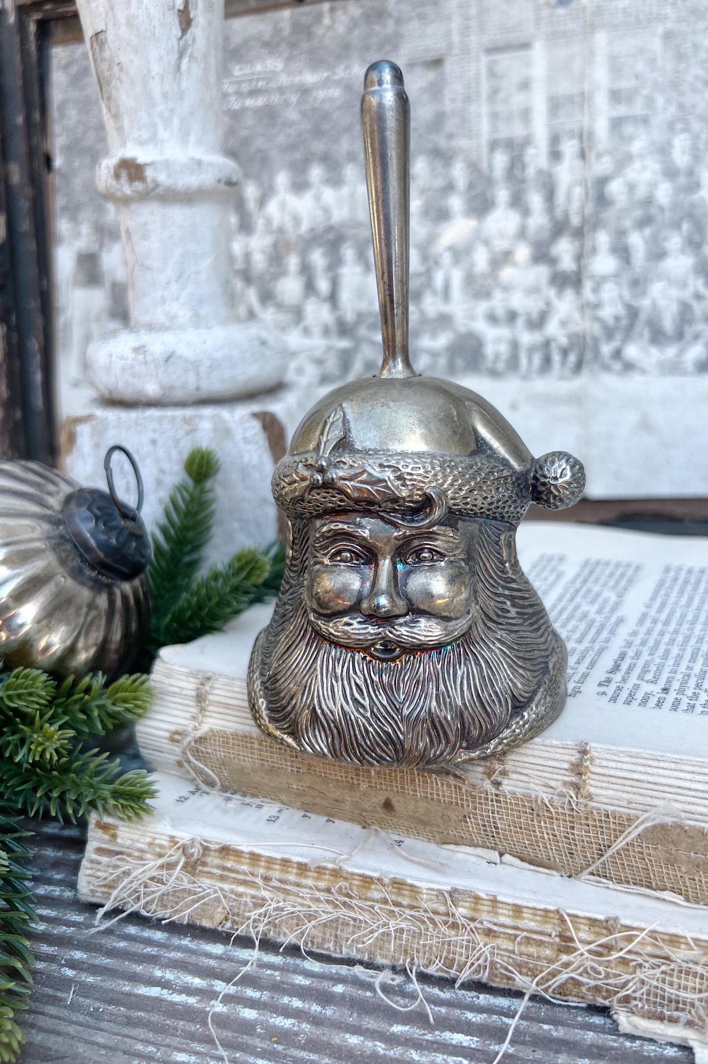 Vintage SANTA Silver Metal Bell Handheld Dinner Christmas Farmhouse Decor