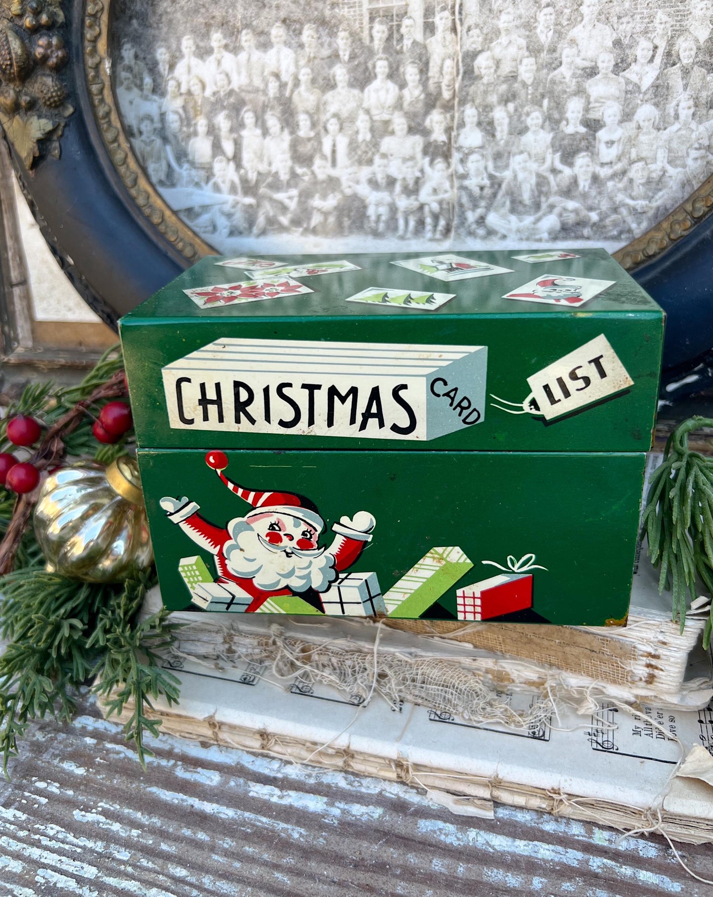 Vintage CHRISTMAS CARD LIST Green Metal File Box Farmhouse Decor