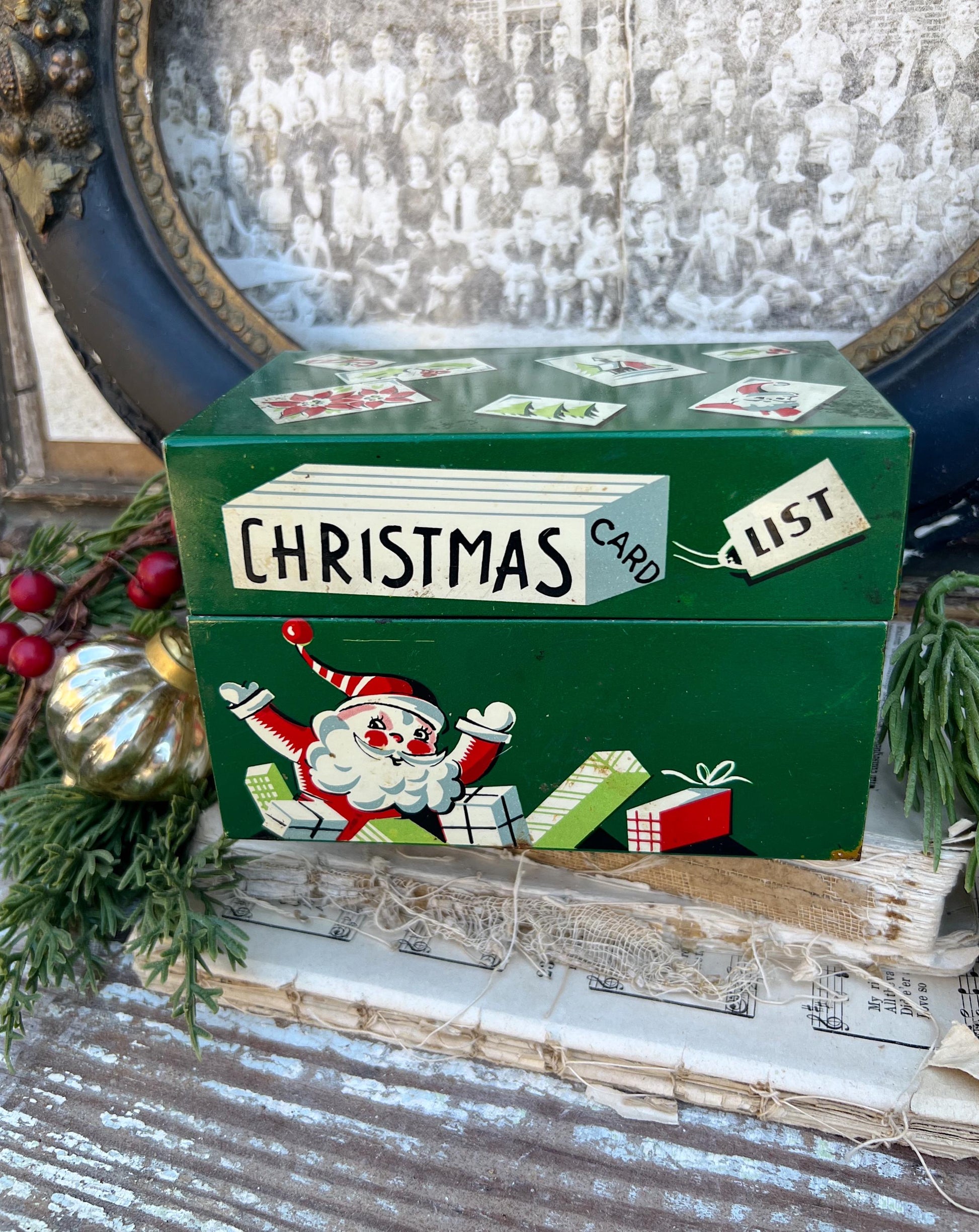 Vintage CHRISTMAS CARD LIST Green Metal File Box Farmhouse Decor