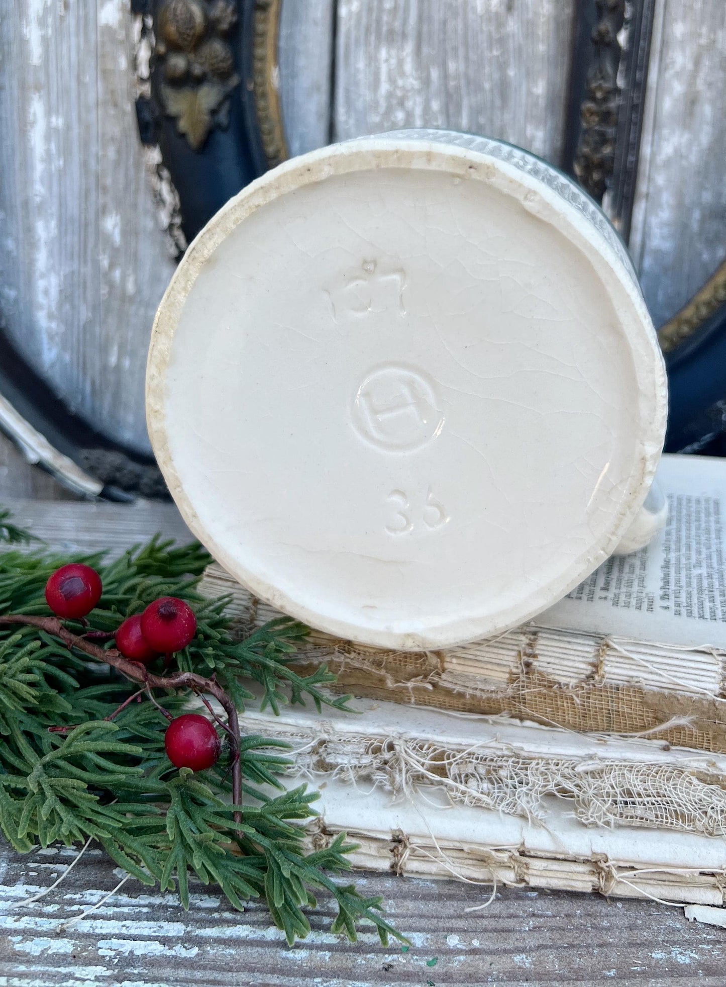 Antique HULL Stoneware GREEN Pitcher Farmhouse Decor Primitive Creamer