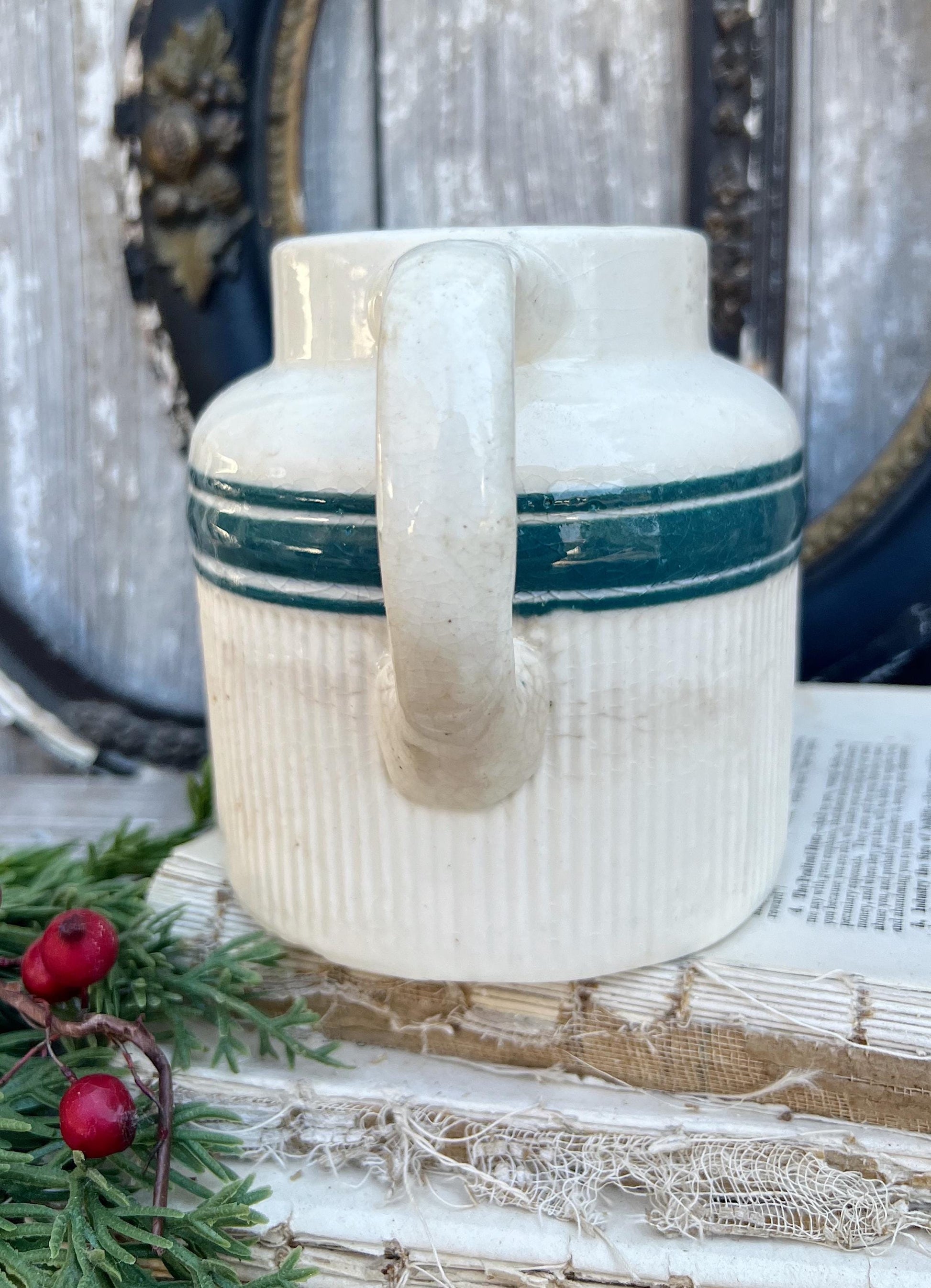 Antique HULL Stoneware GREEN Pitcher Farmhouse Decor Primitive Creamer