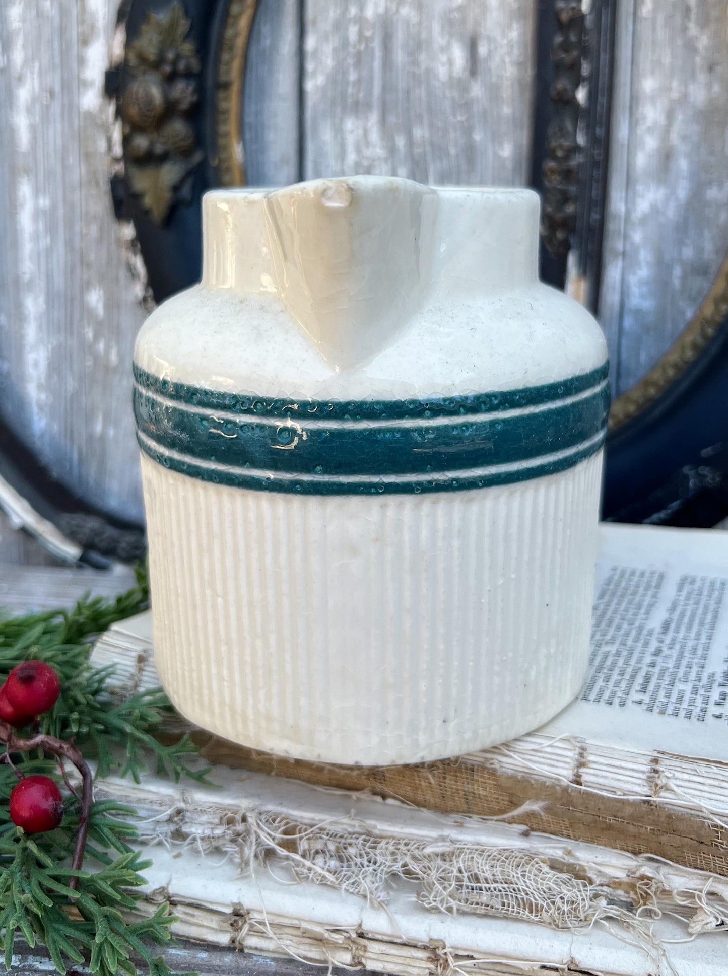 Antique HULL Stoneware GREEN Pitcher Farmhouse Decor Primitive Creamer