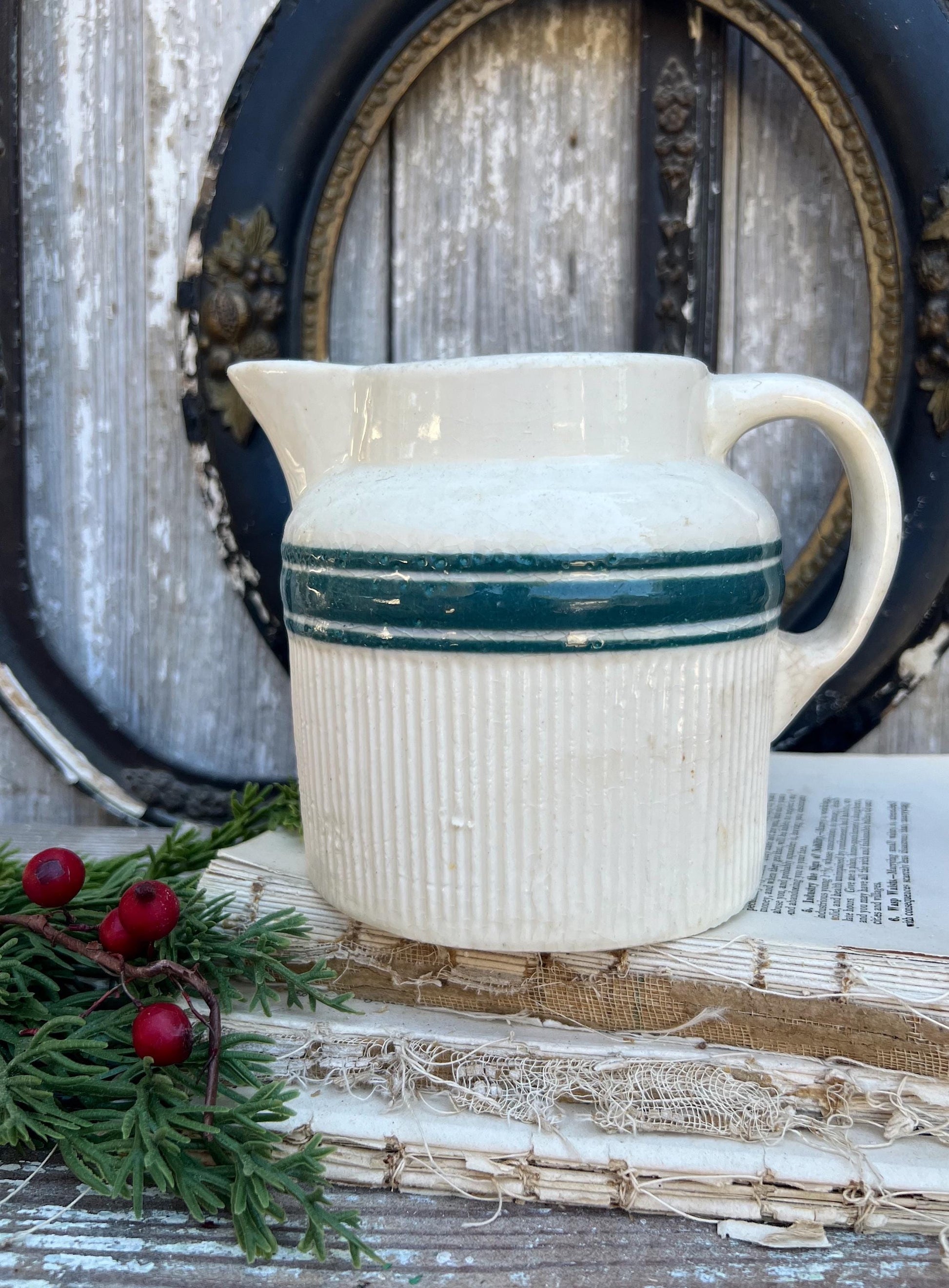 Antique HULL Stoneware GREEN Pitcher Farmhouse Decor Primitive Creamer