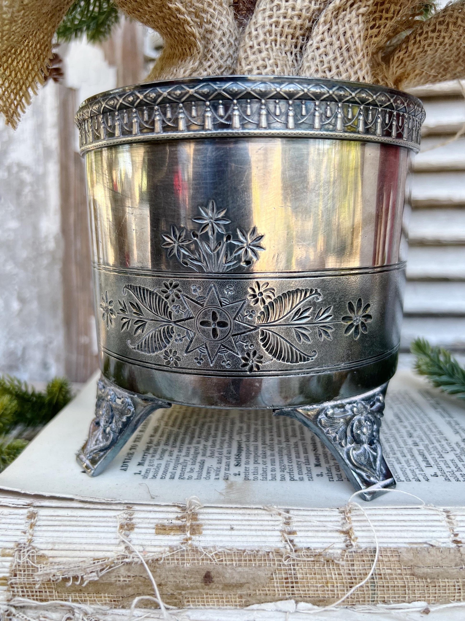 Antique Silver Champagne Wine Holder Footed French Country Farmhouse Decor Shabby Chic