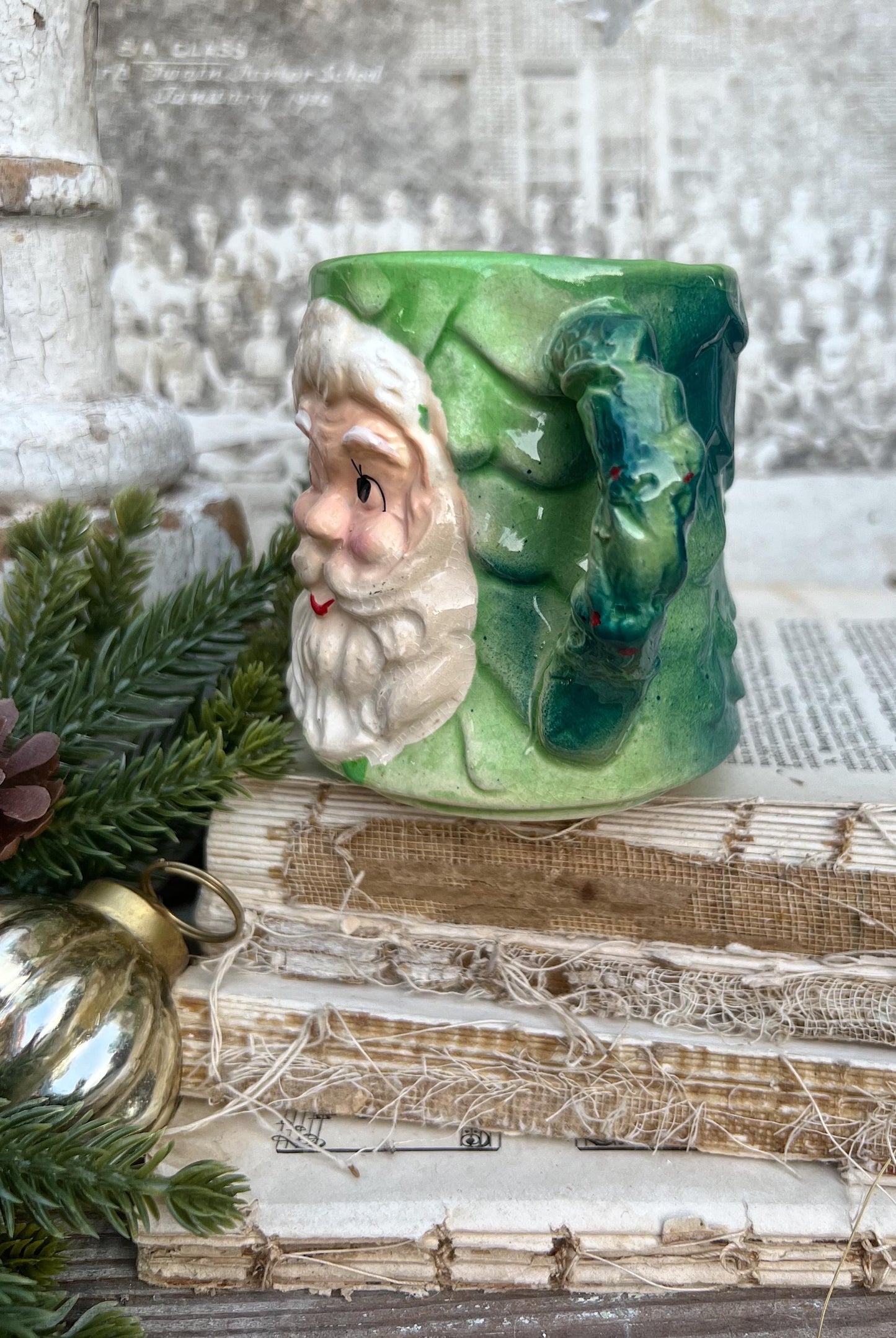 Vintage Ironstone CHASE Santa Claus Cup Mug FULL SIZE Santa Farmhouse Christmas Decor Rare Japan Crazing Grungy Crazed