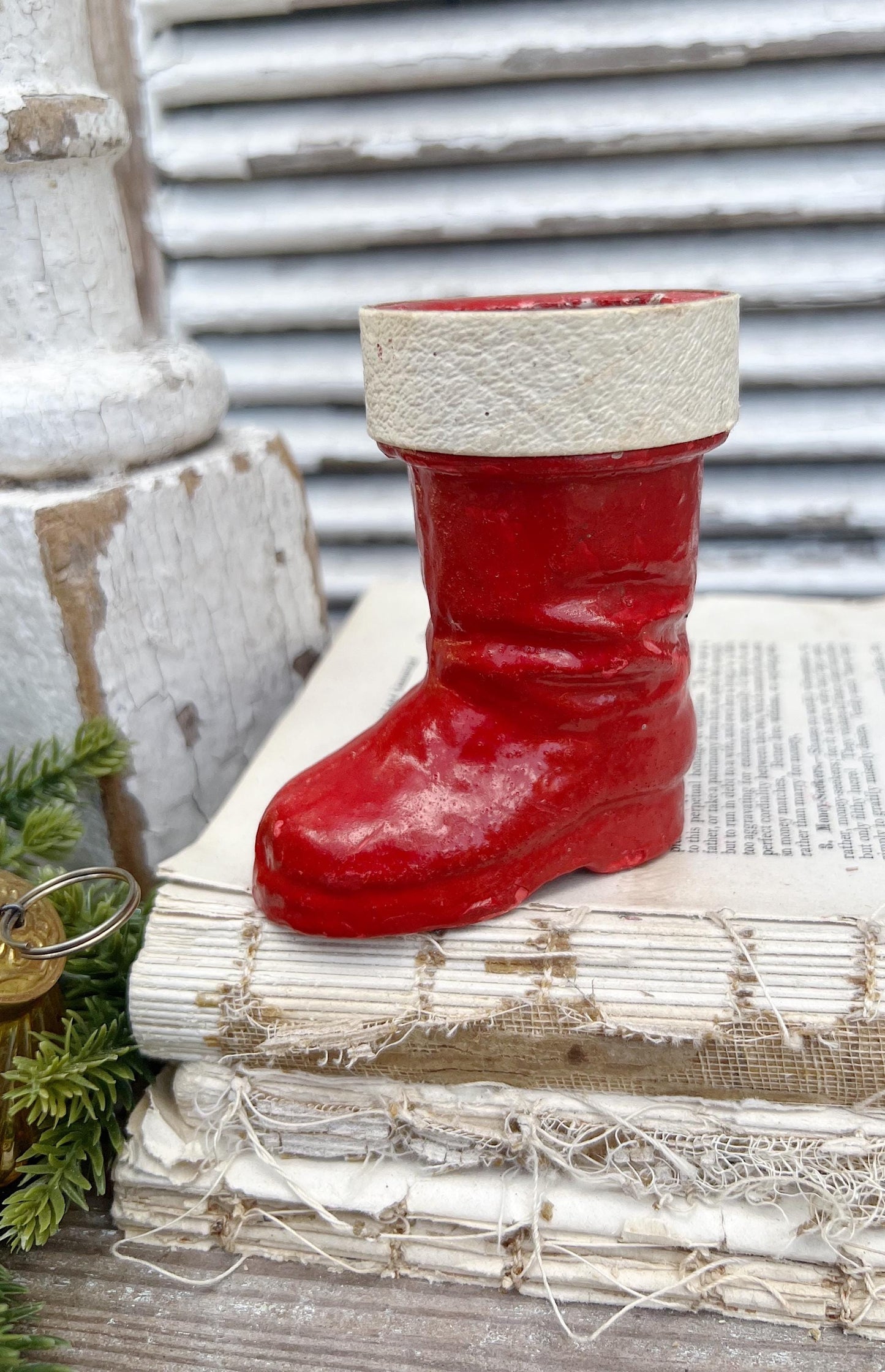 Vintage RED SANTA BOOT Planter Paper Mache Container Farmhouse Christmas Decor Retro