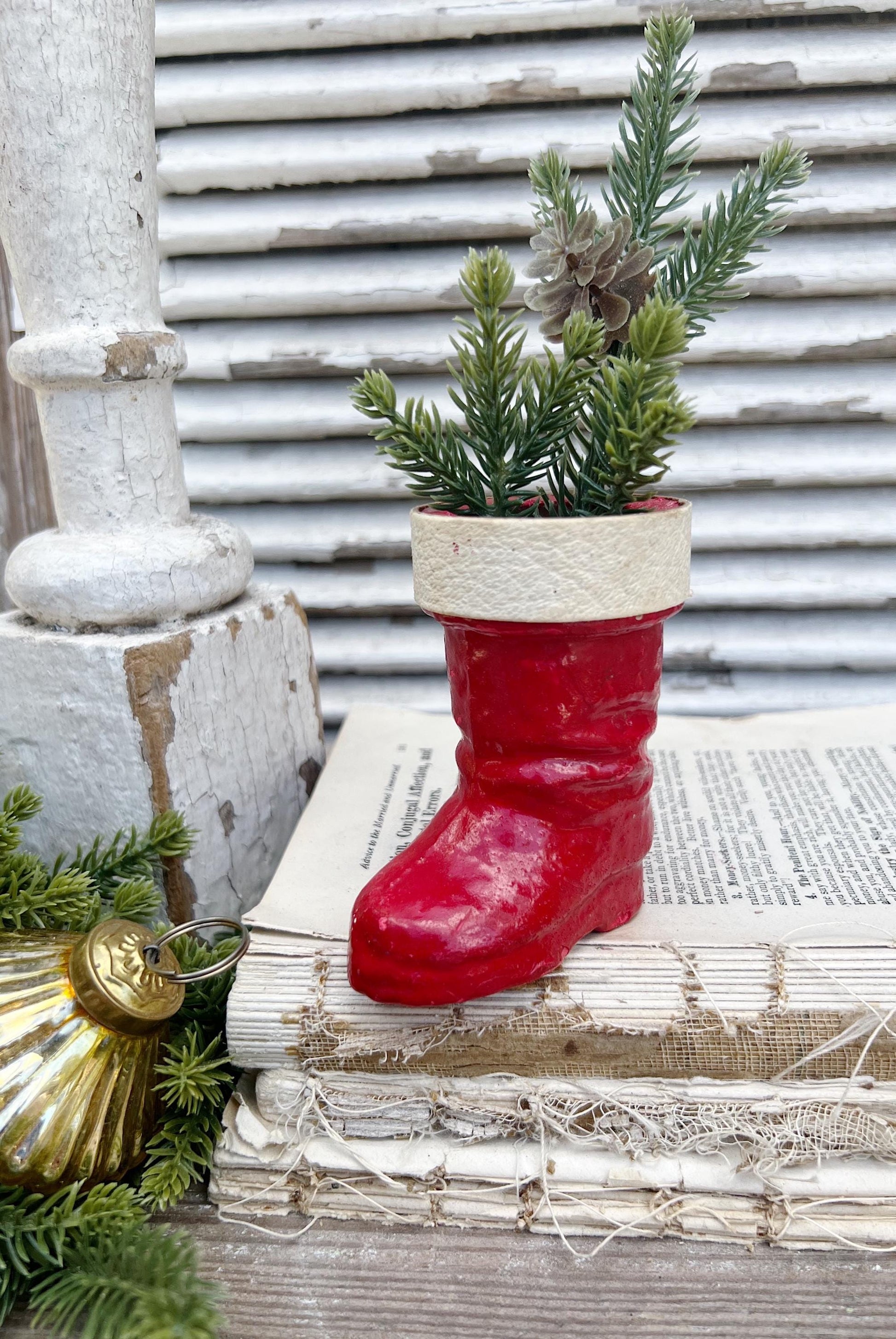 Vintage RED SANTA BOOT Planter Paper Mache Container Farmhouse Christmas Decor Retro