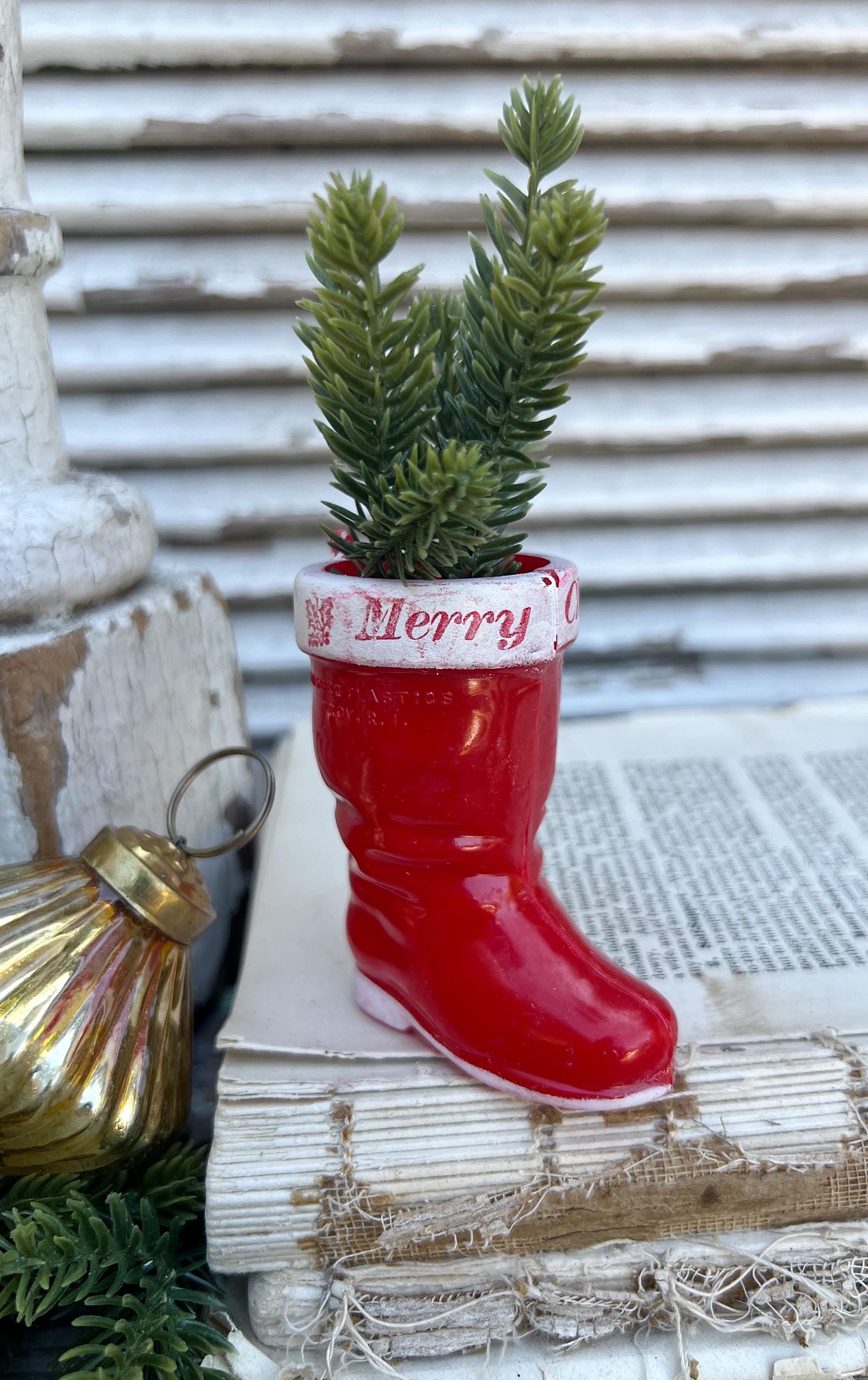Vintage RED SANTA BOOT Planter Plastic with Merry Christmas Banner Trim Farmhouse Christmas Decor Retro Kitschy Candy Holder