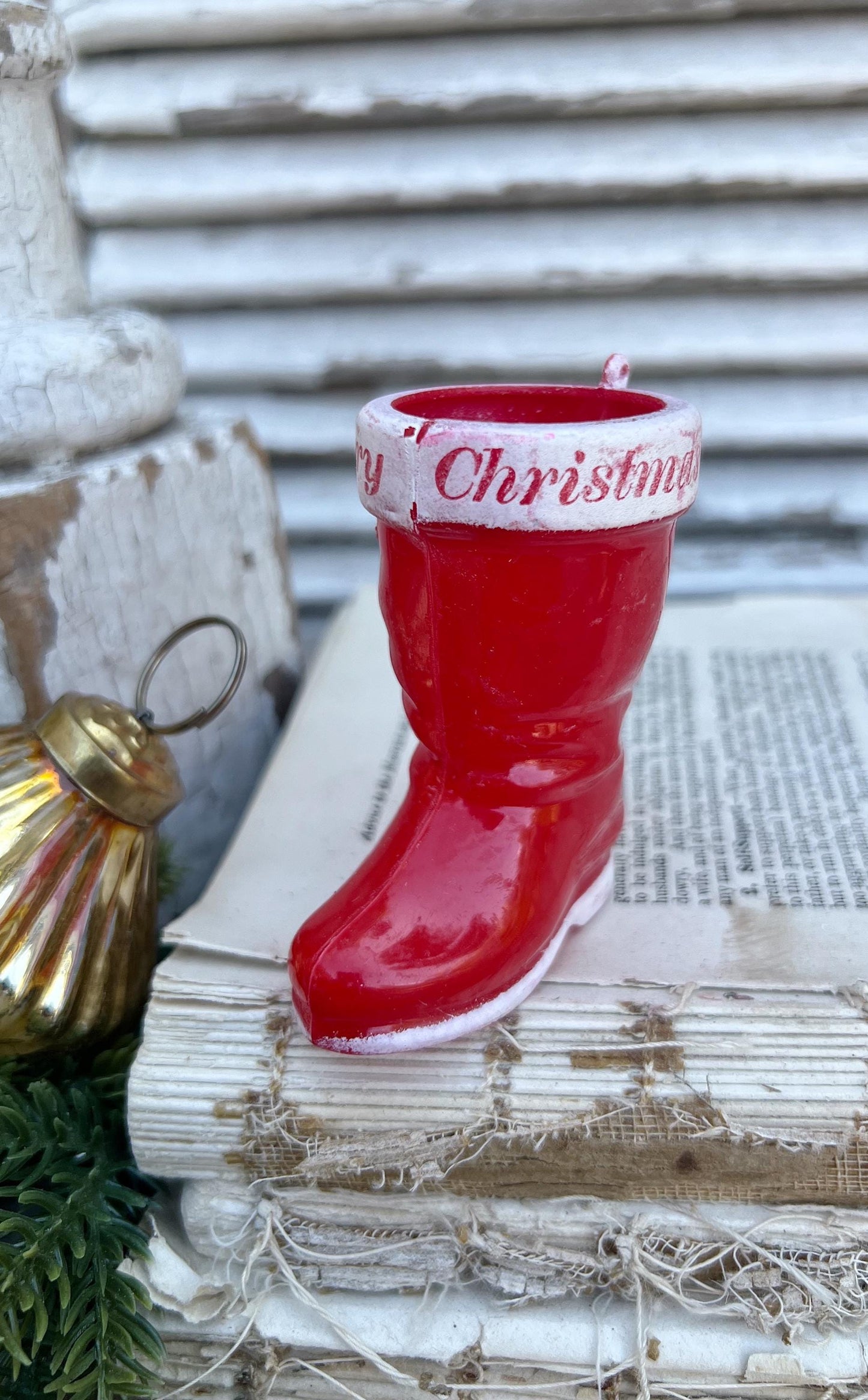 Vintage RED SANTA BOOT Planter Plastic with Merry Christmas Banner Trim Farmhouse Christmas Decor Retro Kitschy Candy Holder