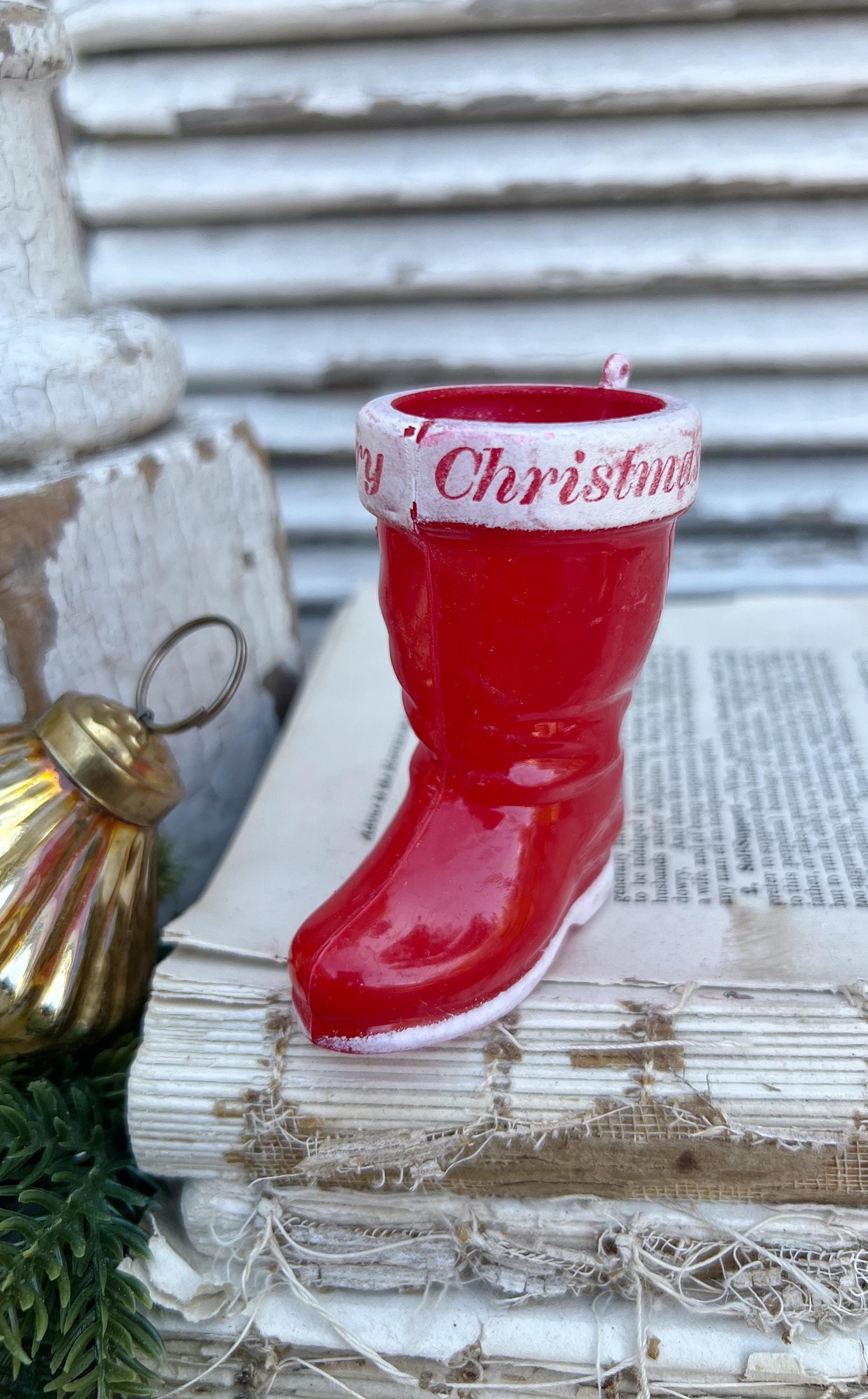 Vintage RED SANTA BOOT Planter Plastic with Merry Christmas Banner Trim Farmhouse Christmas Decor Retro Kitschy Candy Holder