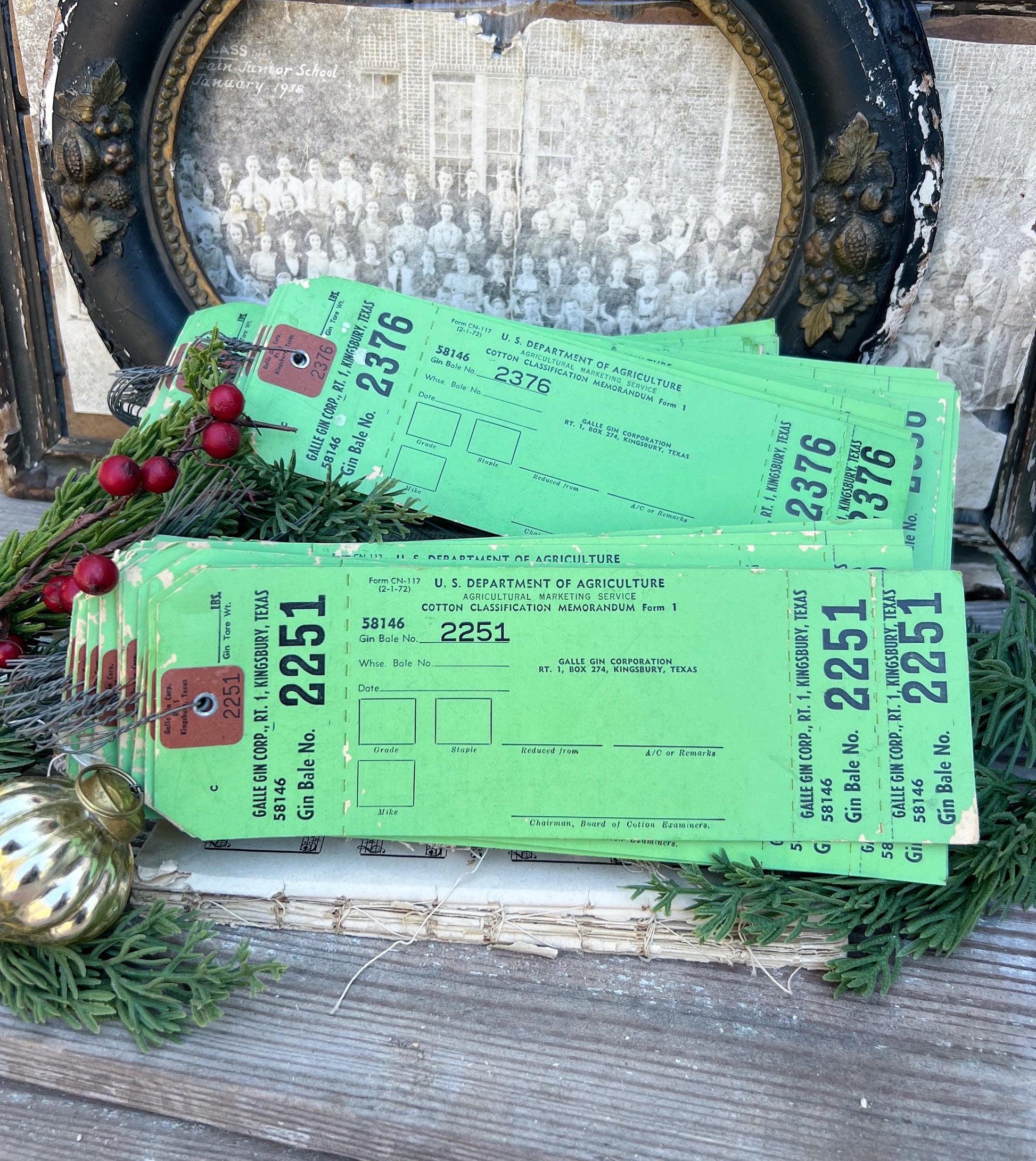 5 Vintage COTTON GIN Bale Tags GREEN Numbered Farmhouse Holiday Christmas Decoration Bundle of 5 Department Agriculture Texas