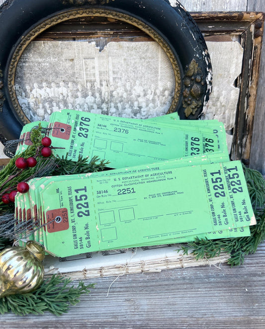 5 Vintage COTTON GIN Bale Tags GREEN Numbered Farmhouse Holiday Christmas Decoration Bundle of 5 Department Agriculture Texas