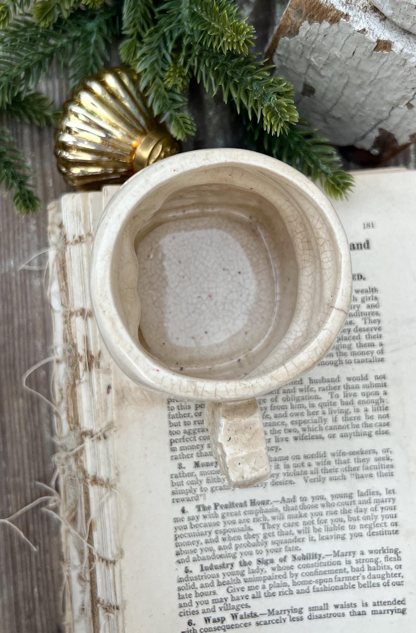 Vintage Ironstone NOEL Santa Claus Cup Mug FULL SIZE Santa Creamy White Farmhouse Japan Christmas Decor Grungy Crazing Letter “E”