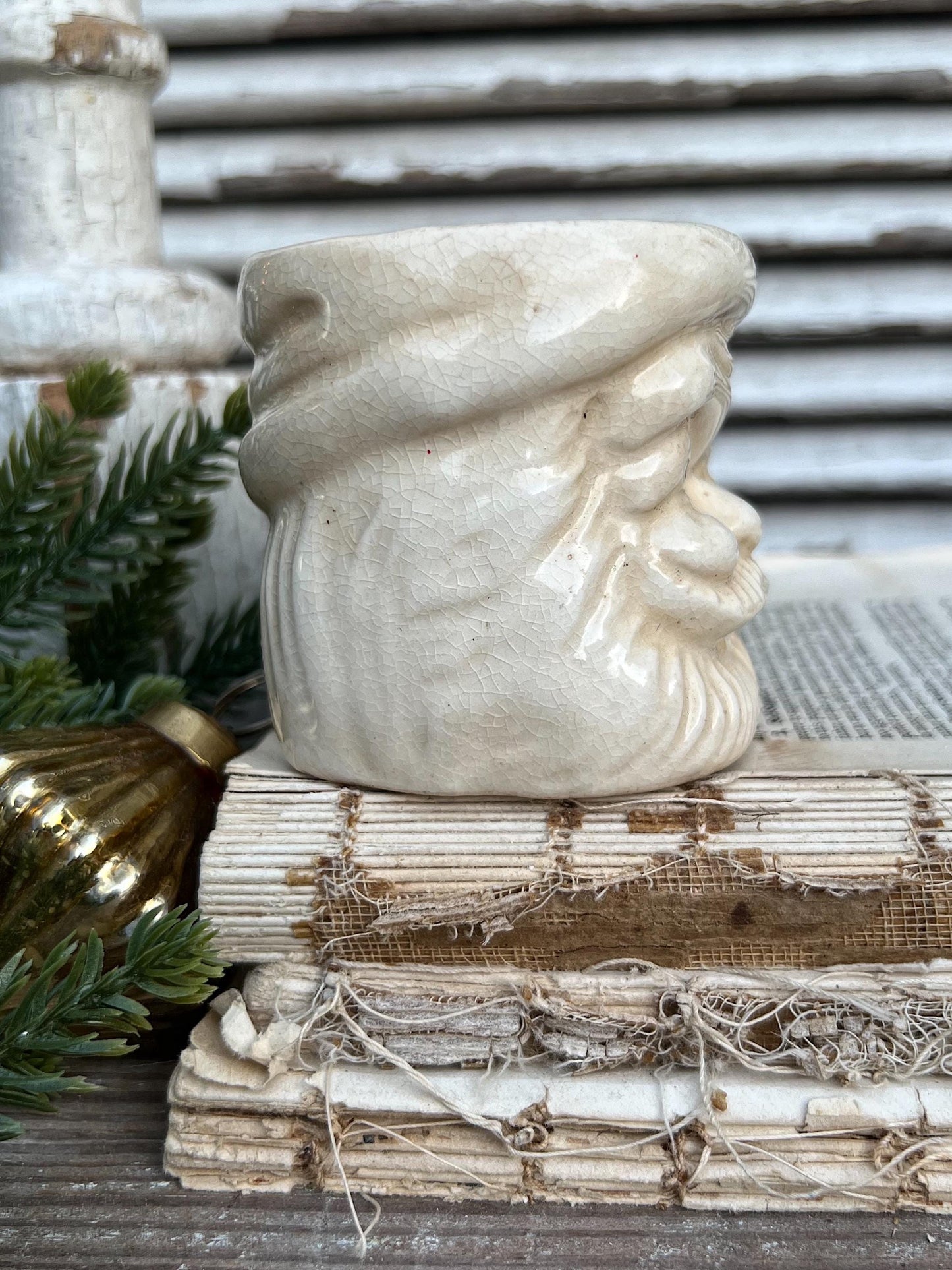 Vintage Ironstone NOEL Santa Claus Cup Mug FULL SIZE Santa Creamy White Farmhouse Japan Christmas Decor Grungy Crazing Letter “E”