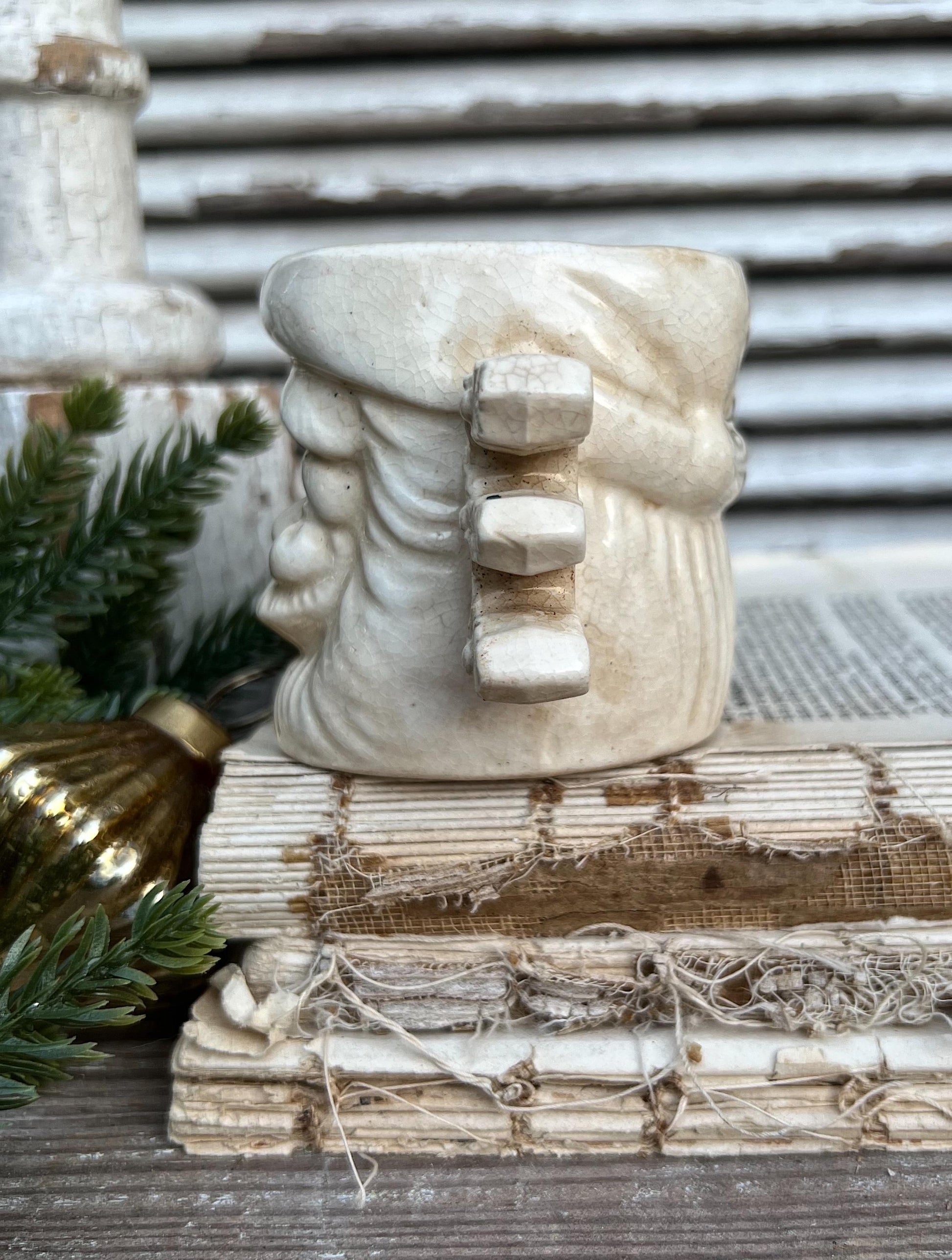 Vintage Ironstone NOEL Santa Claus Cup Mug FULL SIZE Santa Creamy White Farmhouse Japan Christmas Decor Grungy Crazing Letter “E”