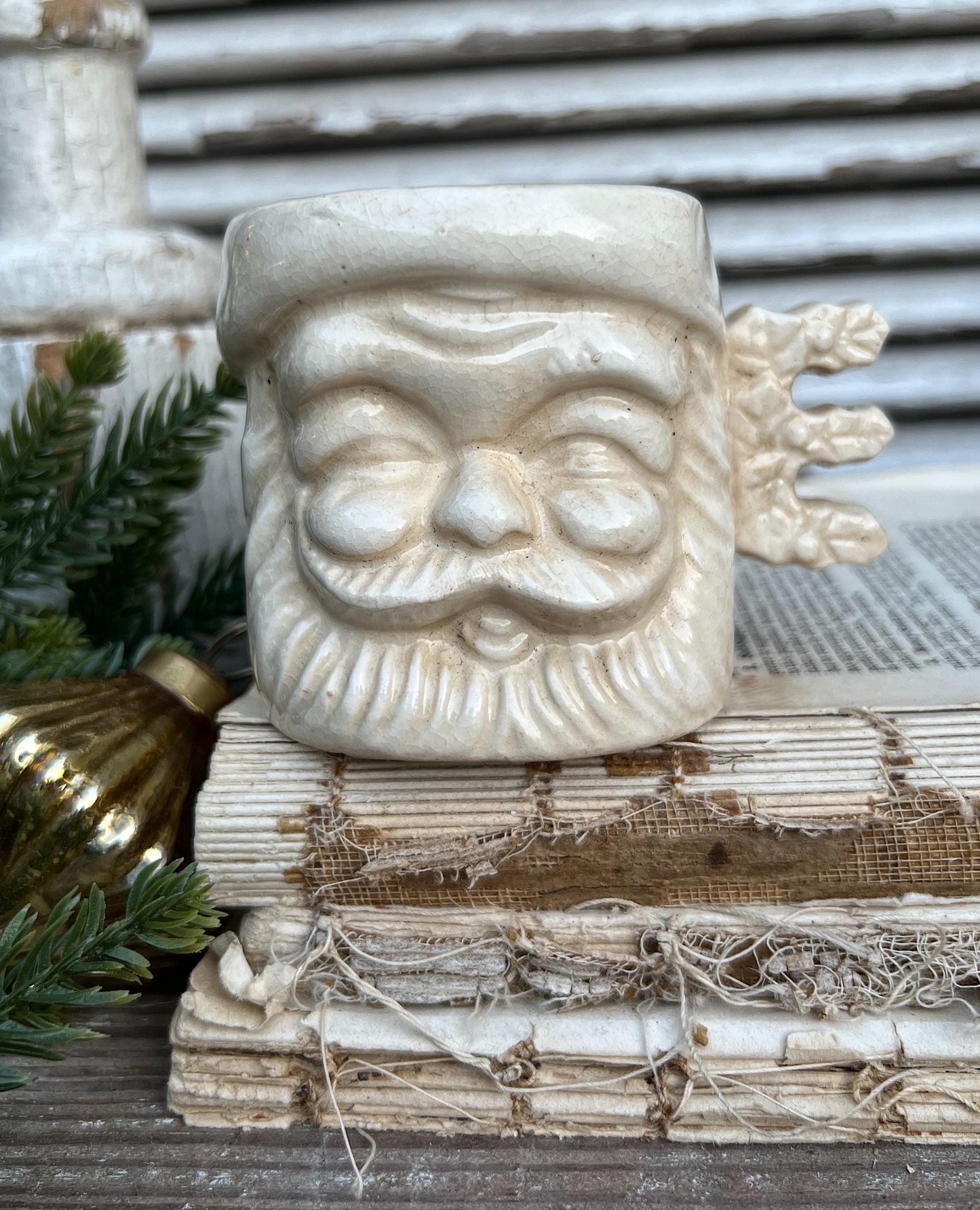 Vintage Ironstone NOEL Santa Claus Cup Mug FULL SIZE Santa Creamy White Farmhouse Japan Christmas Decor Grungy Crazing Letter “E”