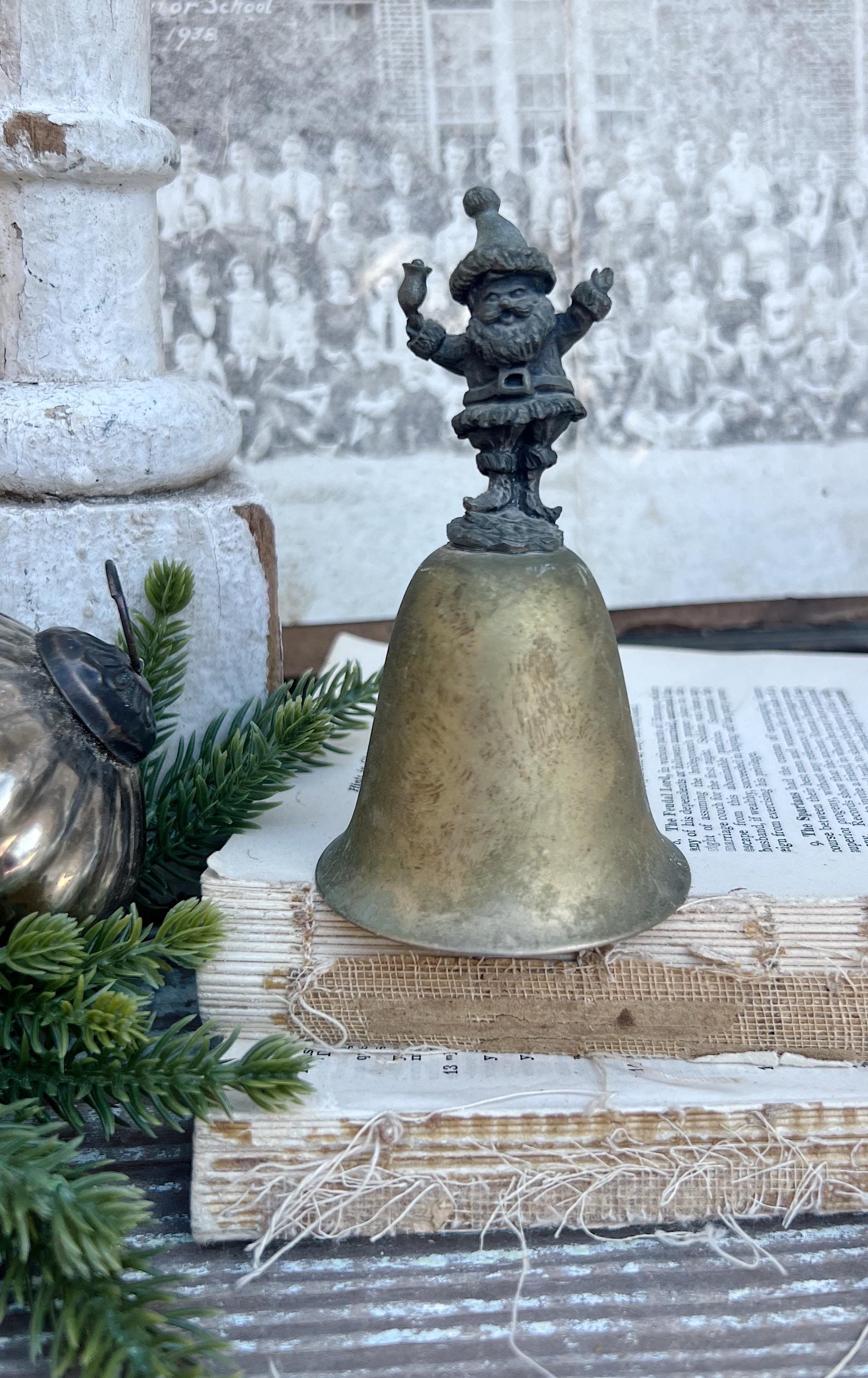 Vintage SANTA BRASS Metal Bell Handheld Dinner Christmas Farmhouse Decor