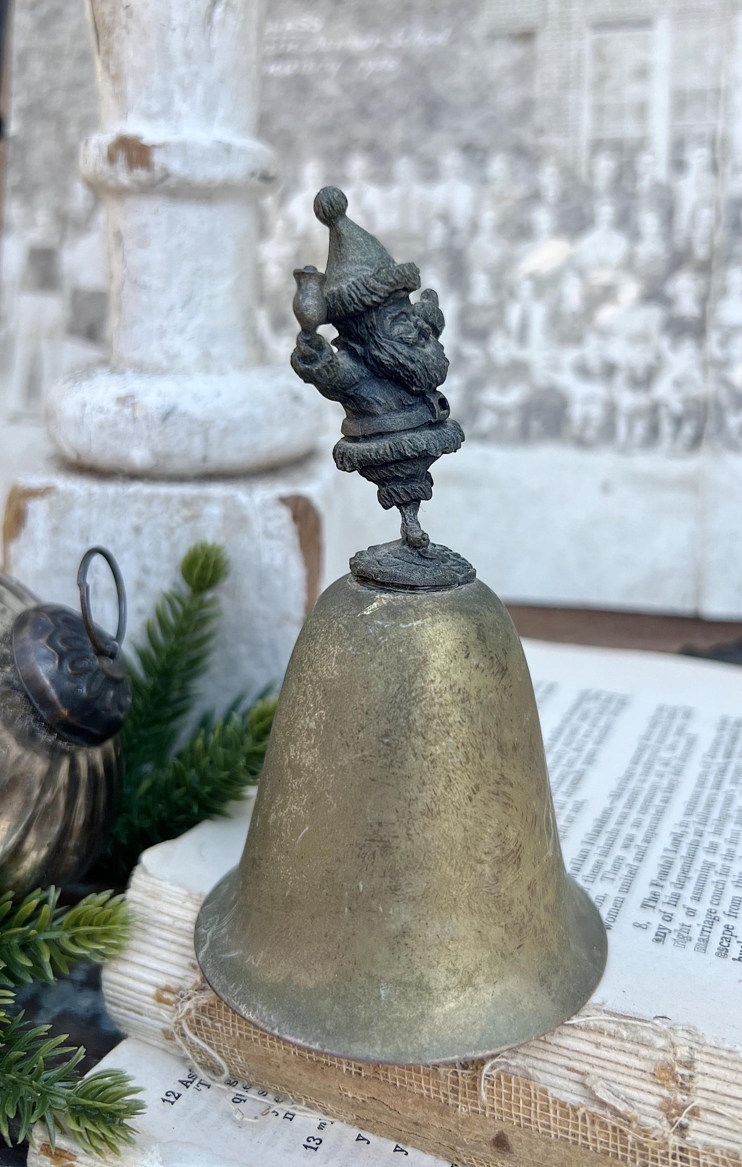 Vintage SANTA BRASS Metal Bell Handheld Dinner Christmas Farmhouse Decor