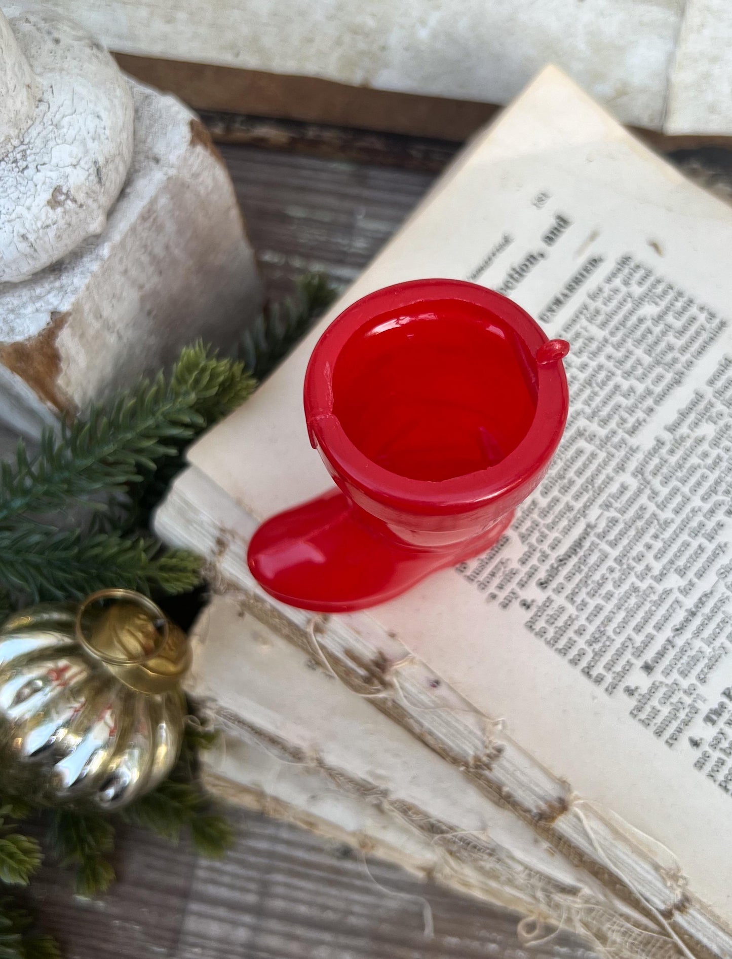 Vintage RED SANTA BOOT Planter Plastic with Merry Christmas Banner Trim Farmhouse Christmas Decor Retro Kitschy Candy Holder
