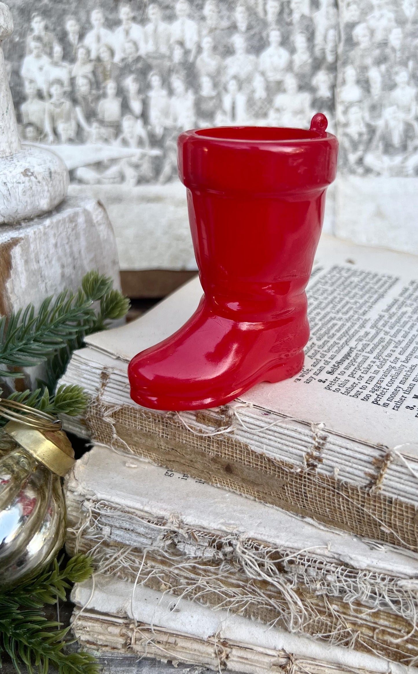 Vintage RED SANTA BOOT Planter Plastic with Merry Christmas Banner Trim Farmhouse Christmas Decor Retro Kitschy Candy Holder