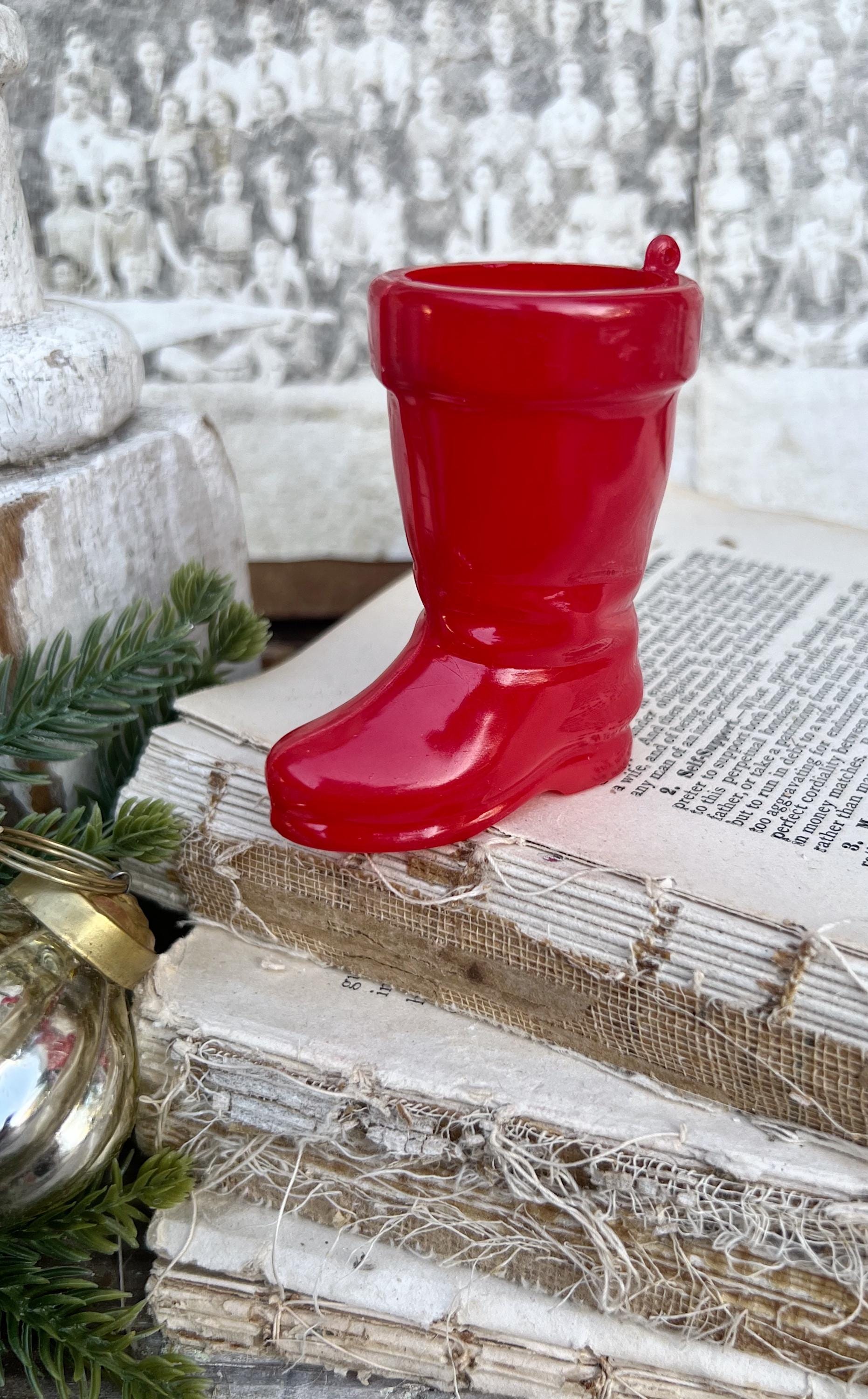 Vintage RED SANTA BOOT Planter Plastic with Merry Christmas Banner Trim Farmhouse Christmas Decor Retro Kitschy Candy Holder