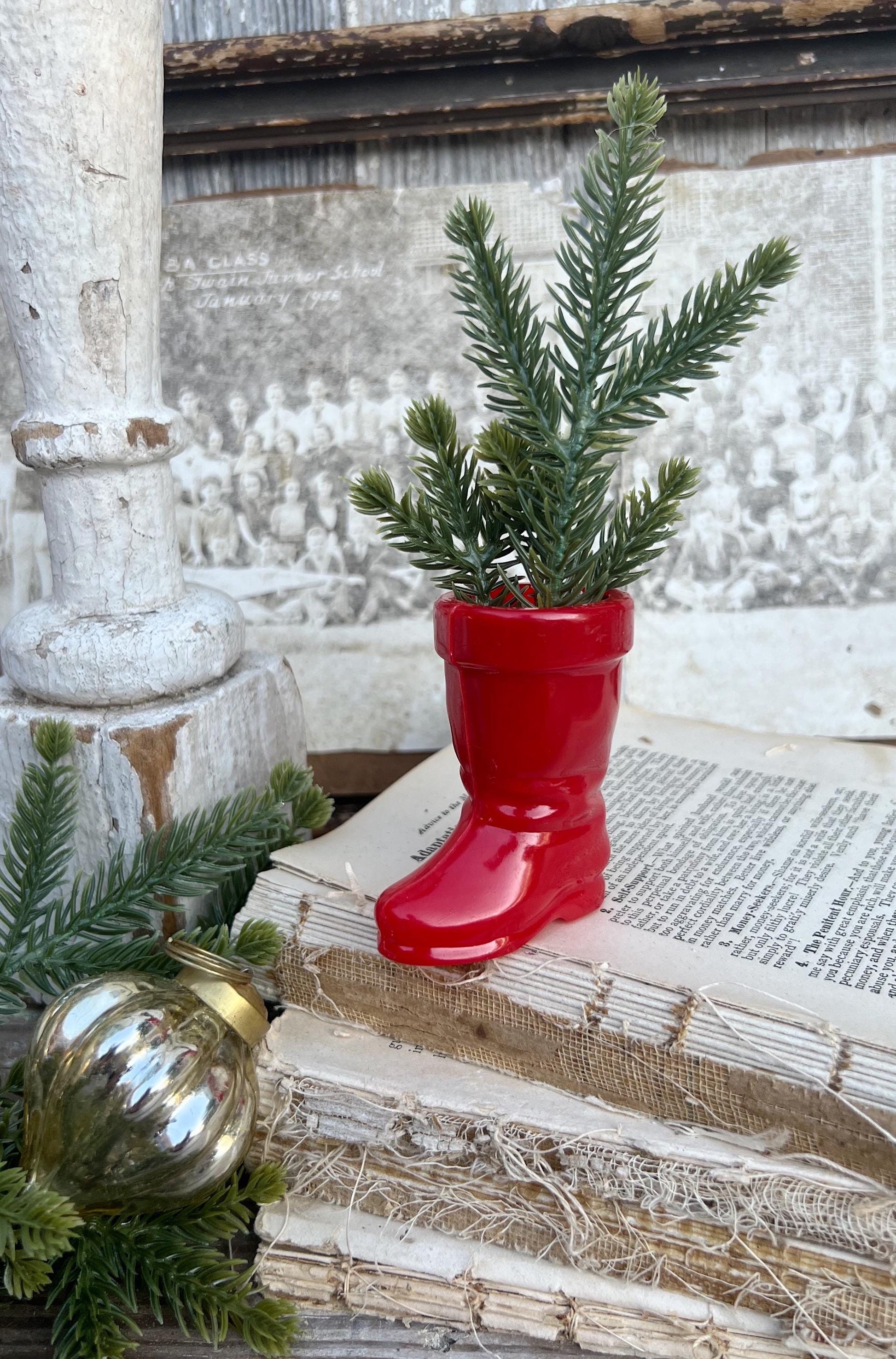 Vintage RED SANTA BOOT Planter Plastic with Merry Christmas Banner Trim Farmhouse Christmas Decor Retro Kitschy Candy Holder