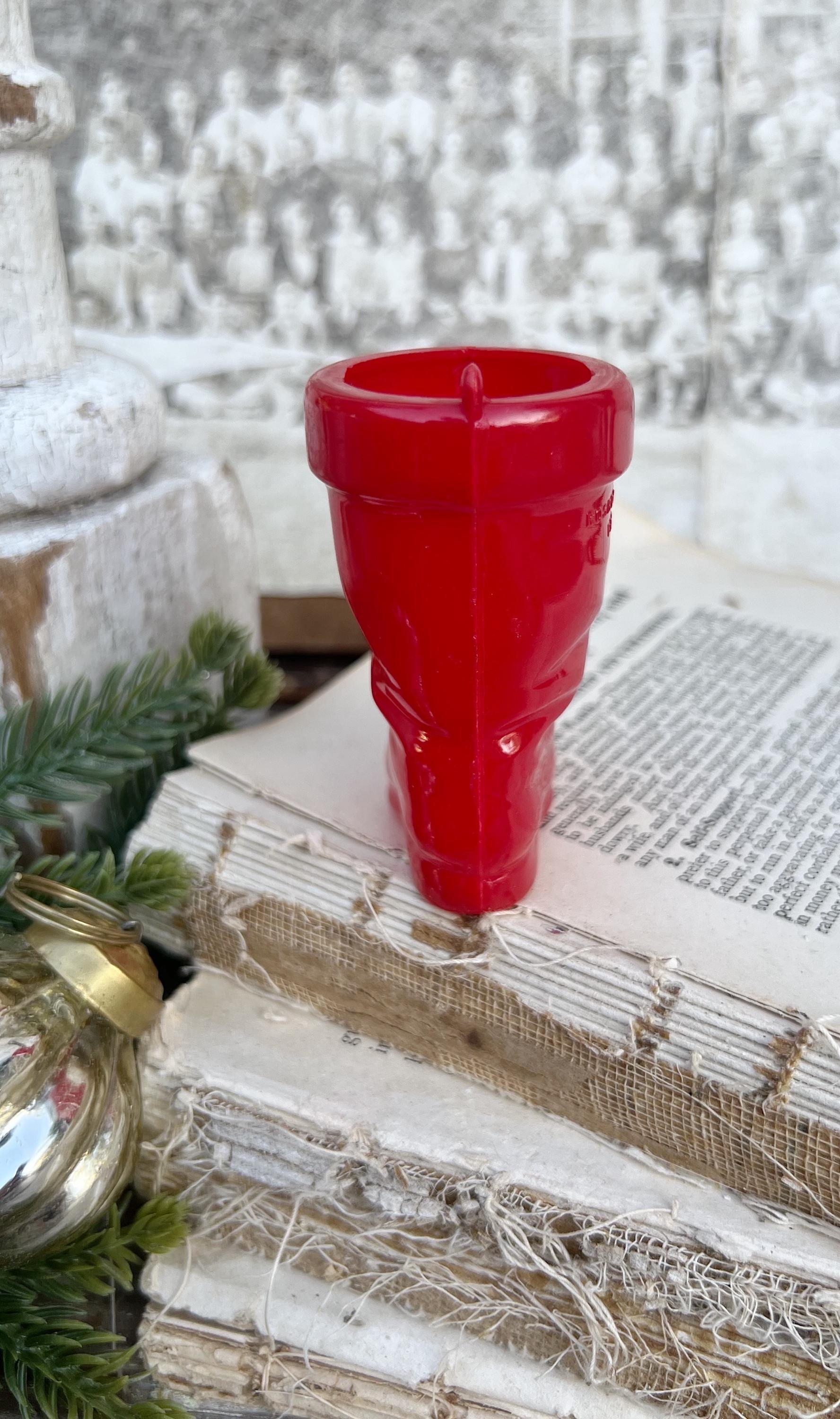 Vintage RED SANTA BOOT Planter Plastic with Merry Christmas Banner Trim Farmhouse Christmas Decor Retro Kitschy Candy Holder