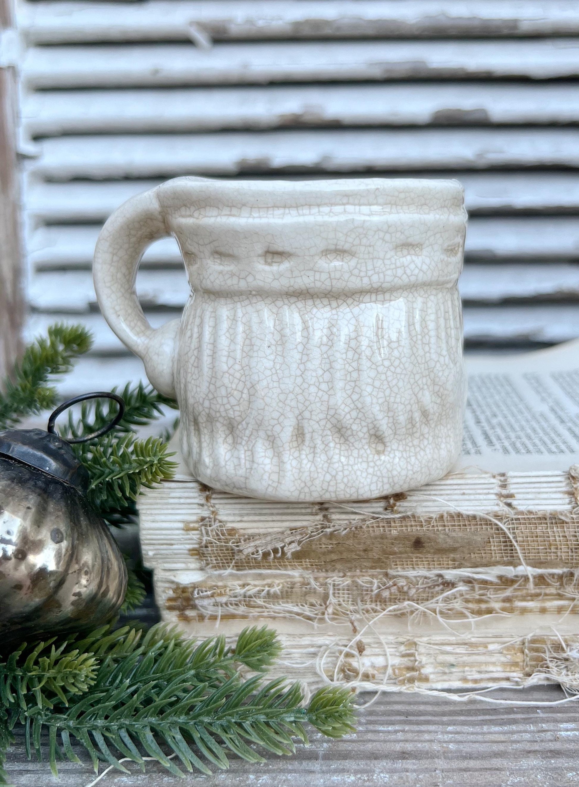 Vintage Ironstone Santa Claus Cup Mug FULL SIZE Creamy White Santa Farmhouse Christmas Decor RARE Japan Crazing Grungy Heavily Crazed