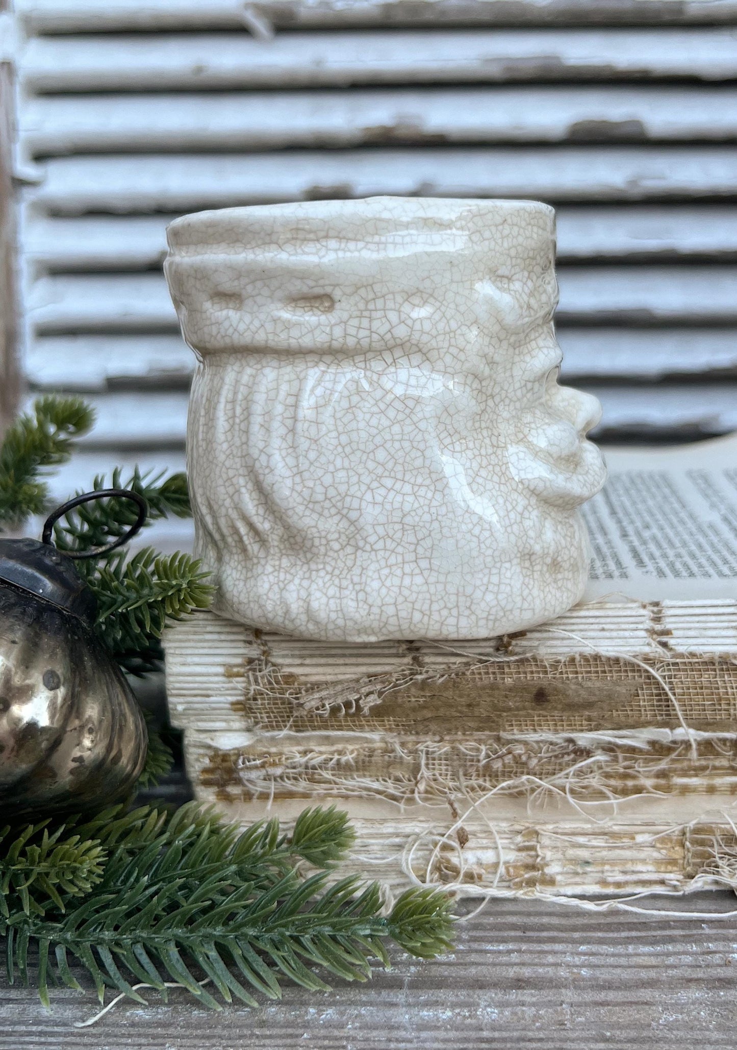 Vintage Ironstone Santa Claus Cup Mug FULL SIZE Creamy White Santa Farmhouse Christmas Decor RARE Japan Crazing Grungy Heavily Crazed