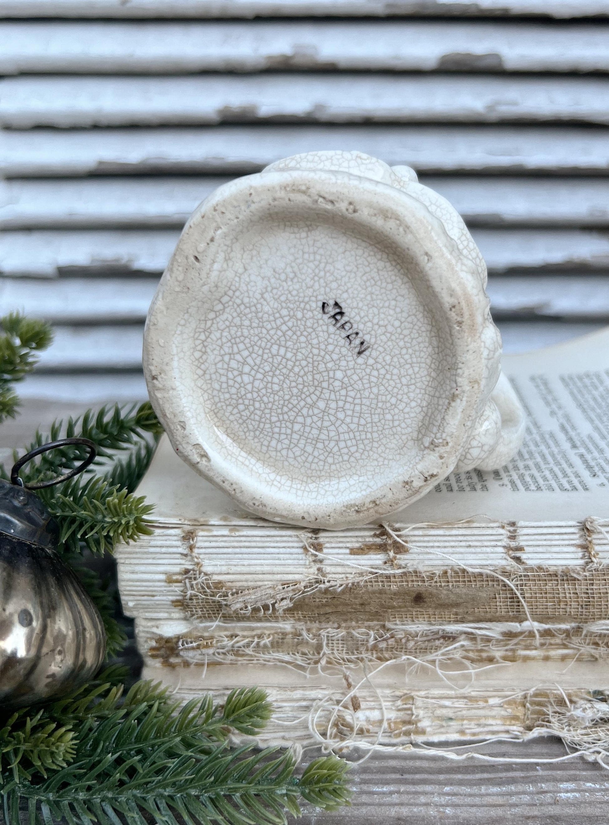 Vintage Ironstone Santa Claus Cup Mug FULL SIZE Creamy White Santa Farmhouse Christmas Decor RARE Japan Crazing Grungy Heavily Crazed