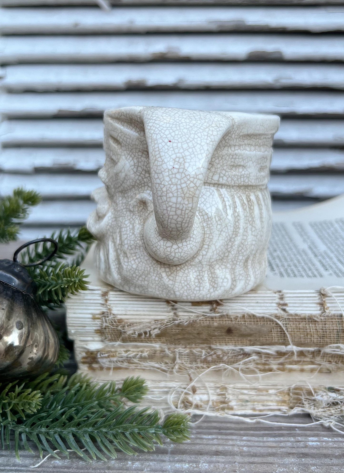 Vintage Ironstone Santa Claus Cup Mug FULL SIZE Creamy White Santa Farmhouse Christmas Decor RARE Japan Crazing Grungy Heavily Crazed