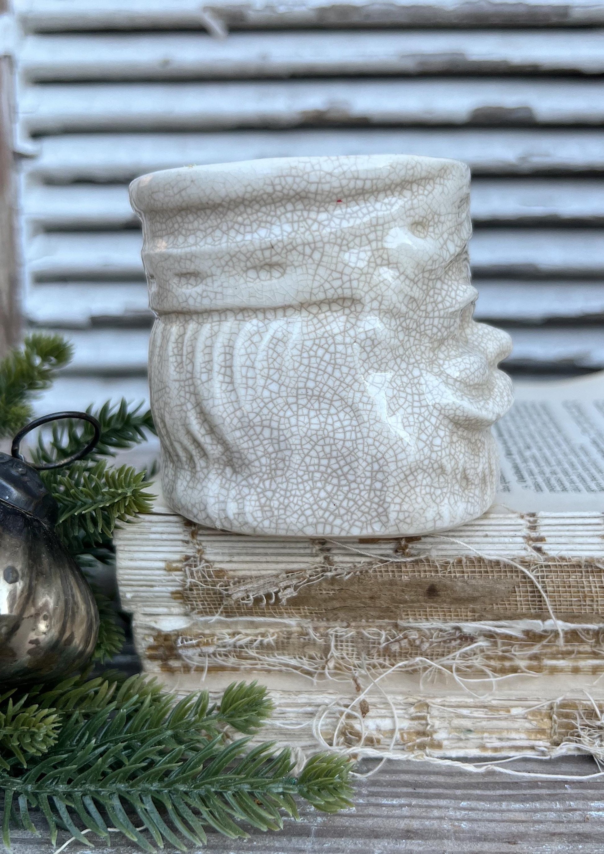 Vintage Ironstone Santa Claus Cup Mug FULL SIZE Creamy White Santa Farmhouse Christmas Decor RARE Japan Crazing Grungy Heavily Crazed