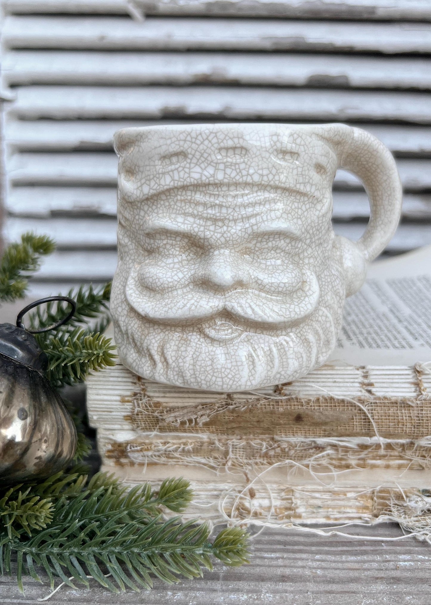 Vintage Ironstone Santa Claus Cup Mug FULL SIZE Creamy White Santa Farmhouse Christmas Decor RARE Japan Crazing Grungy Heavily Crazed