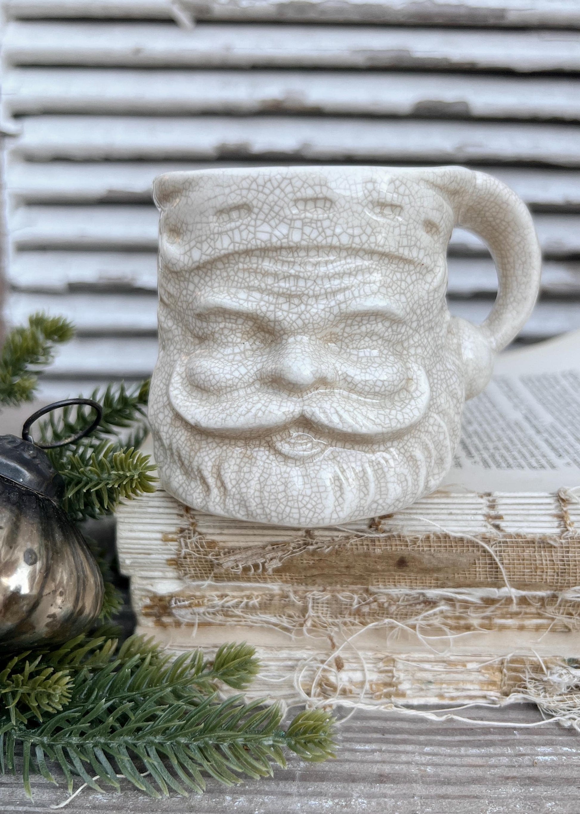 Vintage Ironstone Santa Claus Cup Mug FULL SIZE Creamy White Santa Farmhouse Christmas Decor RARE Japan Crazing Grungy Heavily Crazed