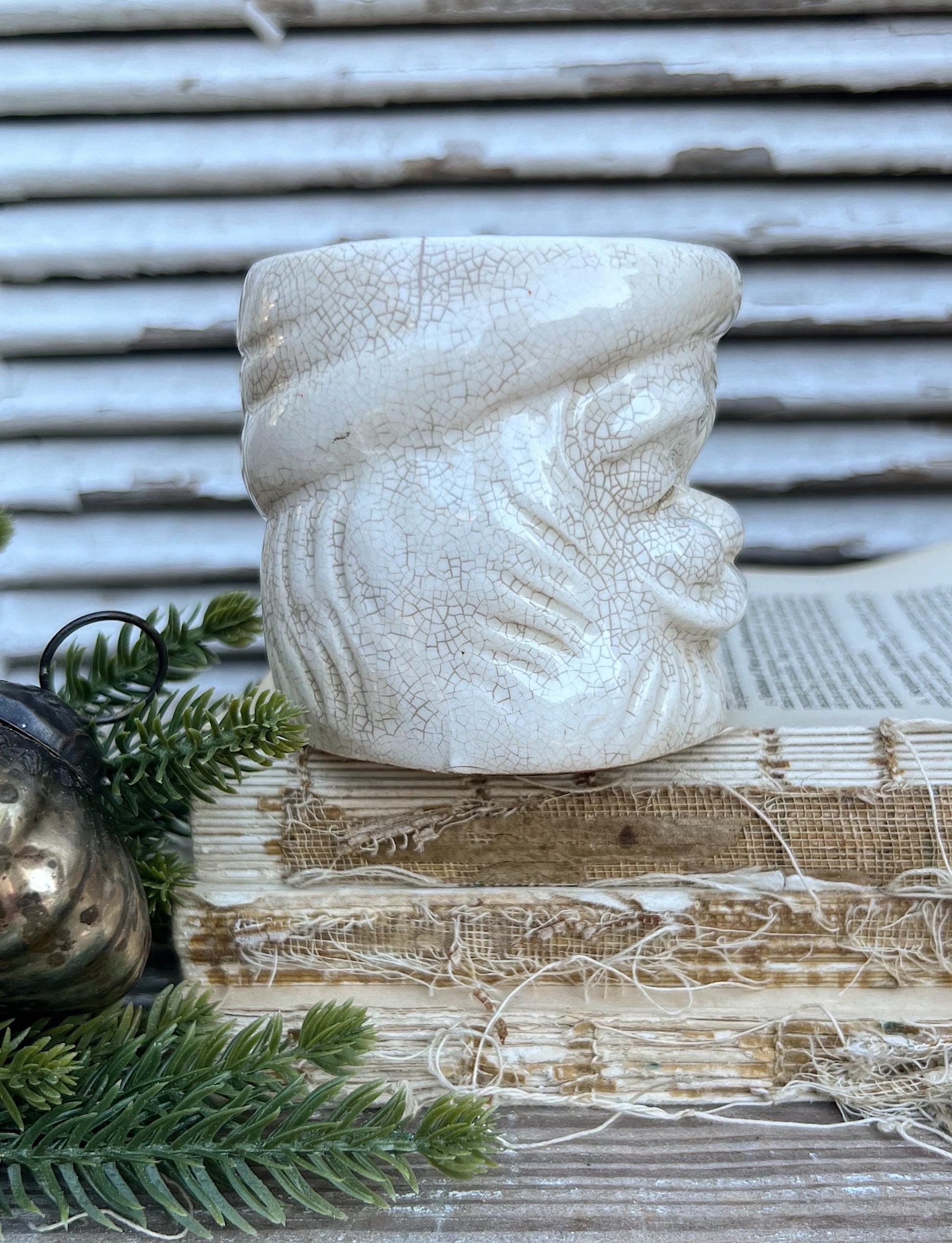 Vintage Ironstone Santa Claus Cup Mug FULL SIZE Santa Creamy White Farmhouse Christmas Decor Grungy Crazing