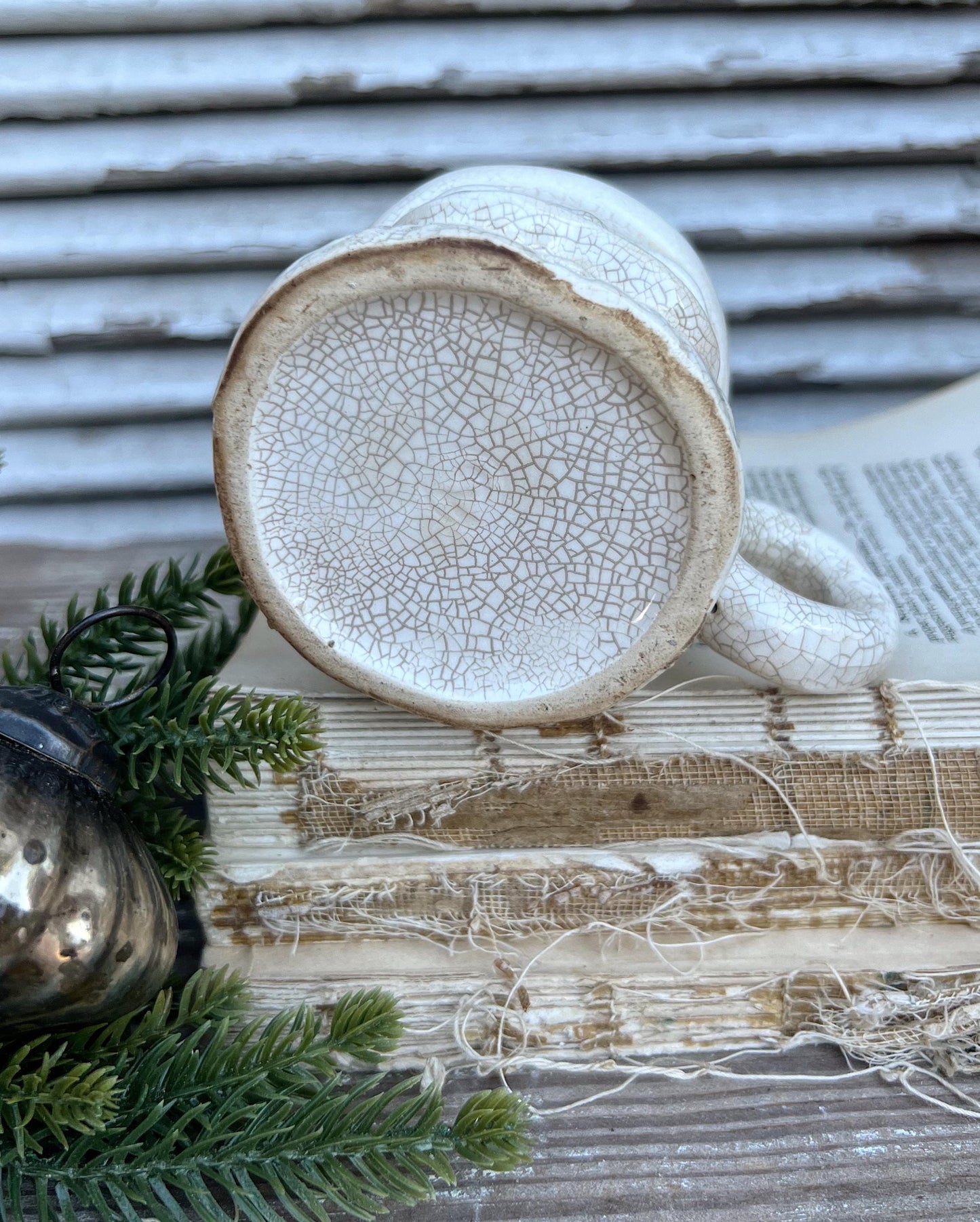 Vintage Ironstone Santa Claus Cup Mug FULL SIZE Santa Creamy White Farmhouse Christmas Decor Grungy Crazing