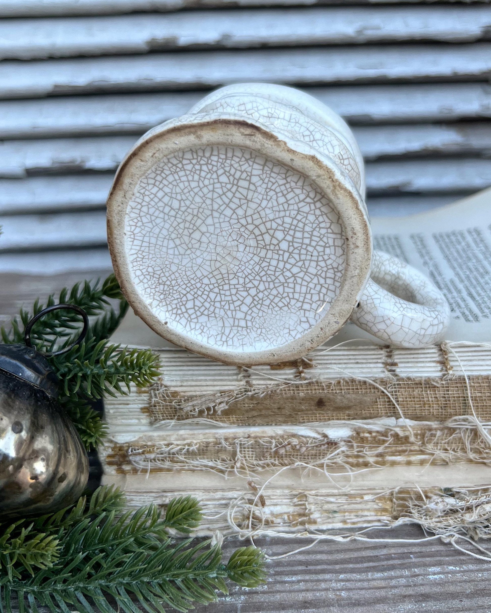 Vintage Ironstone Santa Claus Cup Mug FULL SIZE Santa Creamy White Farmhouse Christmas Decor Grungy Crazing