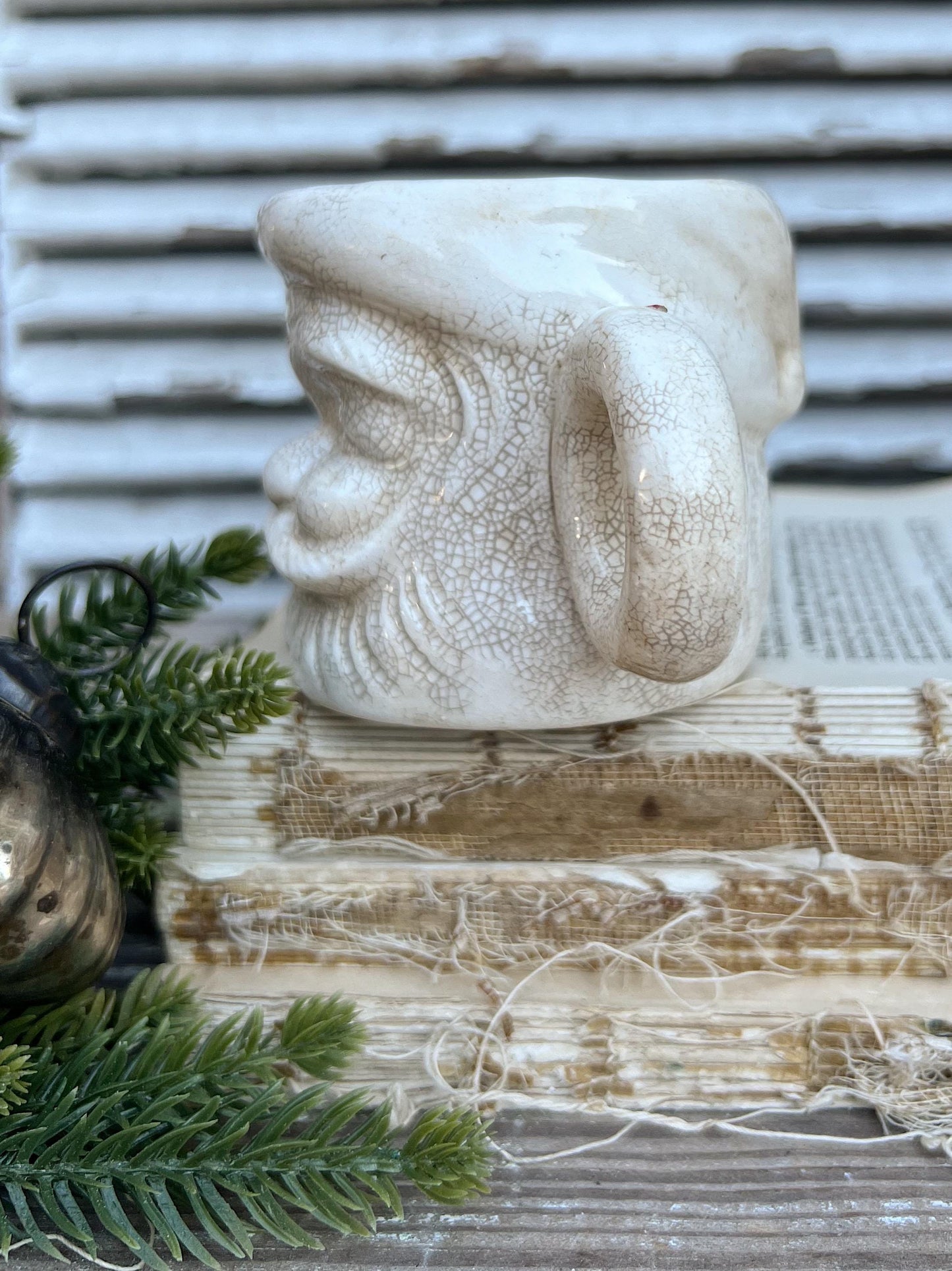 Vintage Ironstone Santa Claus Cup Mug FULL SIZE Santa Creamy White Farmhouse Christmas Decor Grungy Crazing