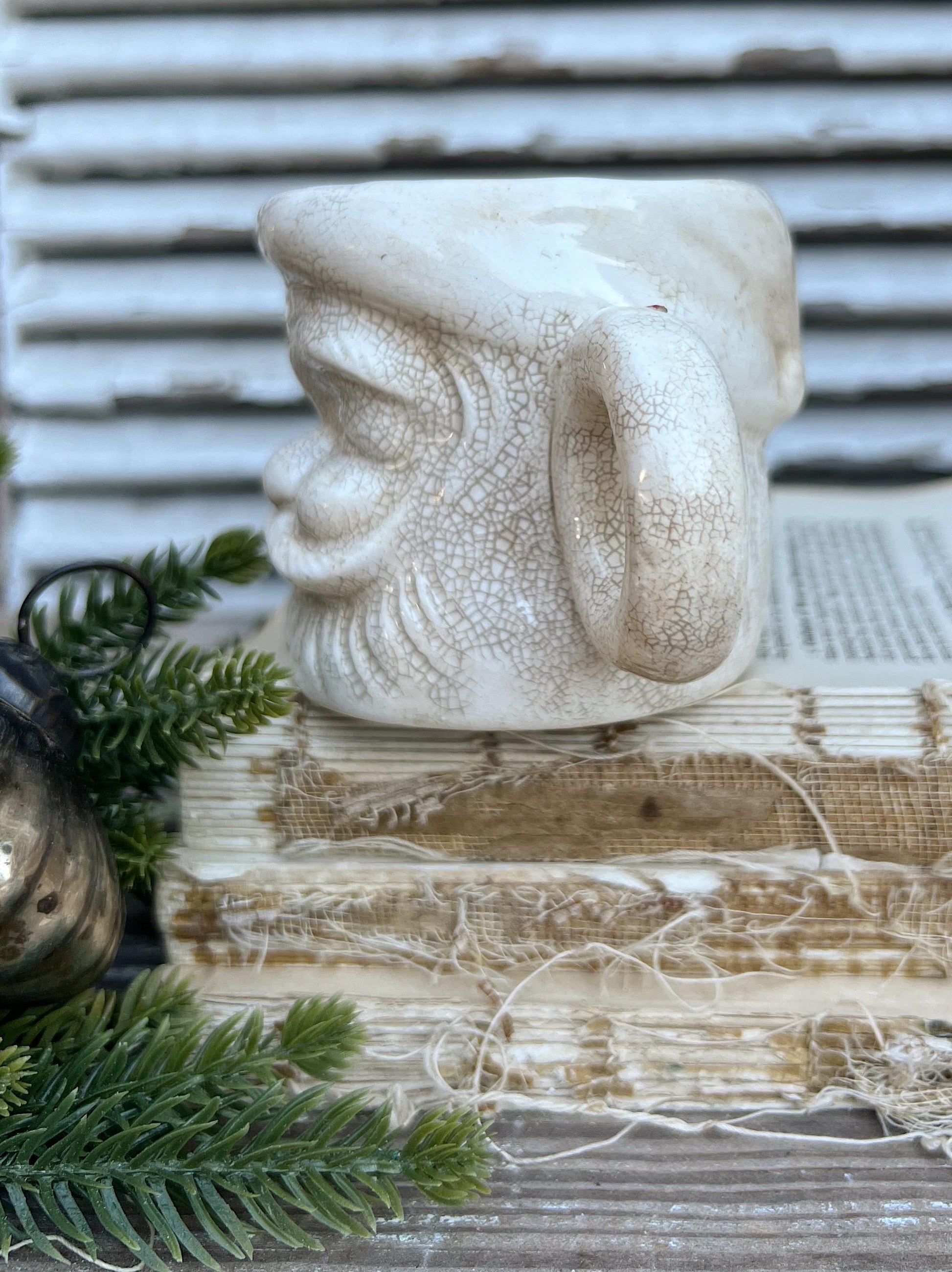 Vintage Ironstone Santa Claus Cup Mug FULL SIZE Santa Creamy White Farmhouse Christmas Decor Grungy Crazing