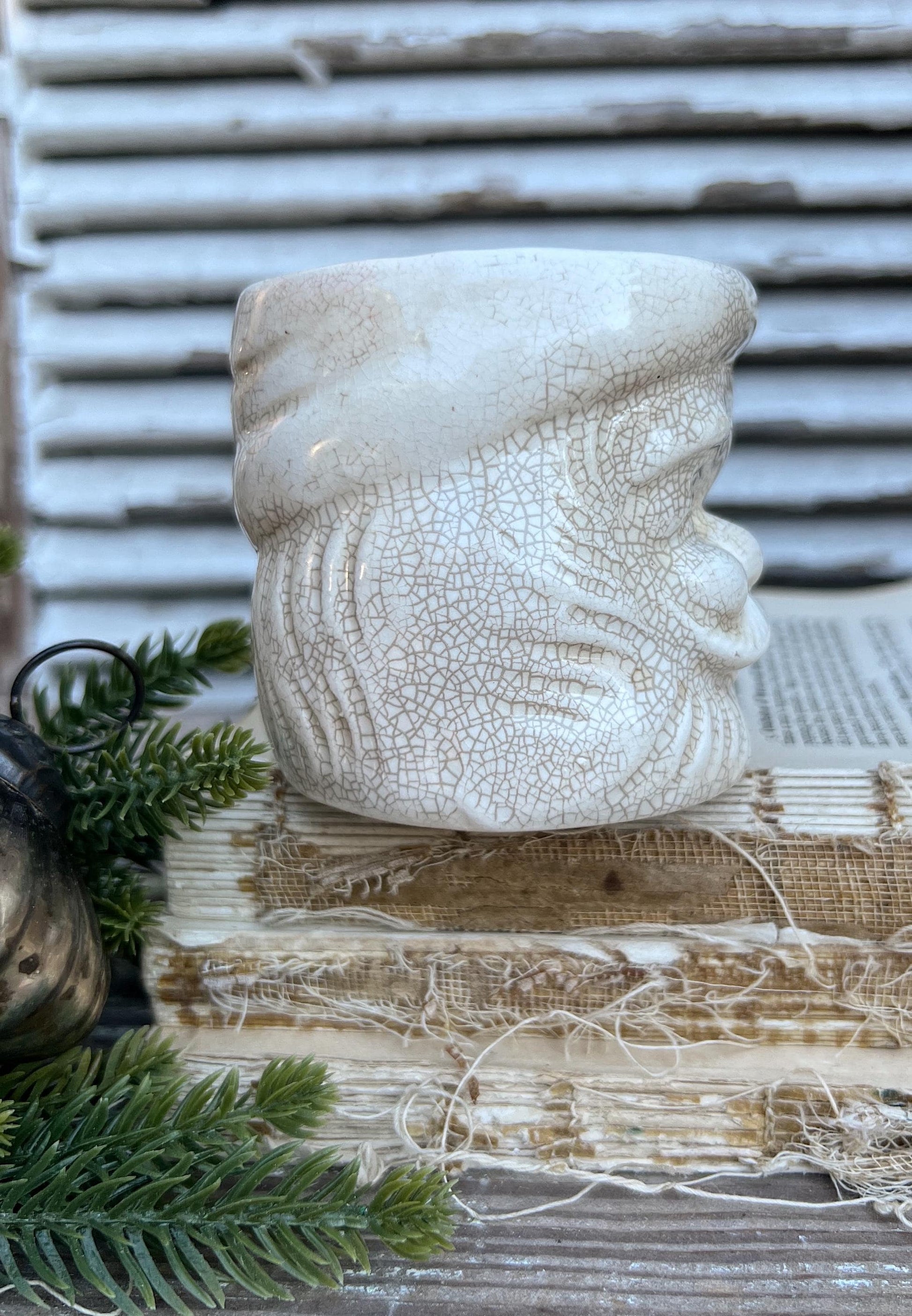 Vintage Ironstone Santa Claus Cup Mug FULL SIZE Santa Creamy White Farmhouse Christmas Decor Grungy Crazing