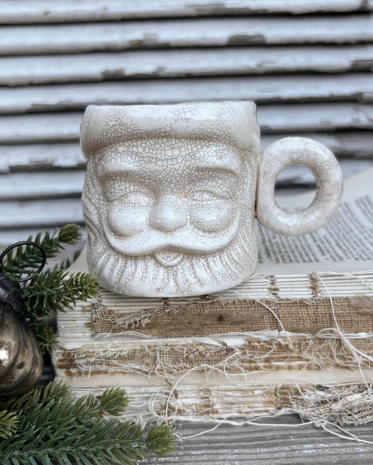 Vintage Ironstone Santa Claus Cup Mug FULL SIZE Santa Creamy White Farmhouse Christmas Decor Grungy Crazing