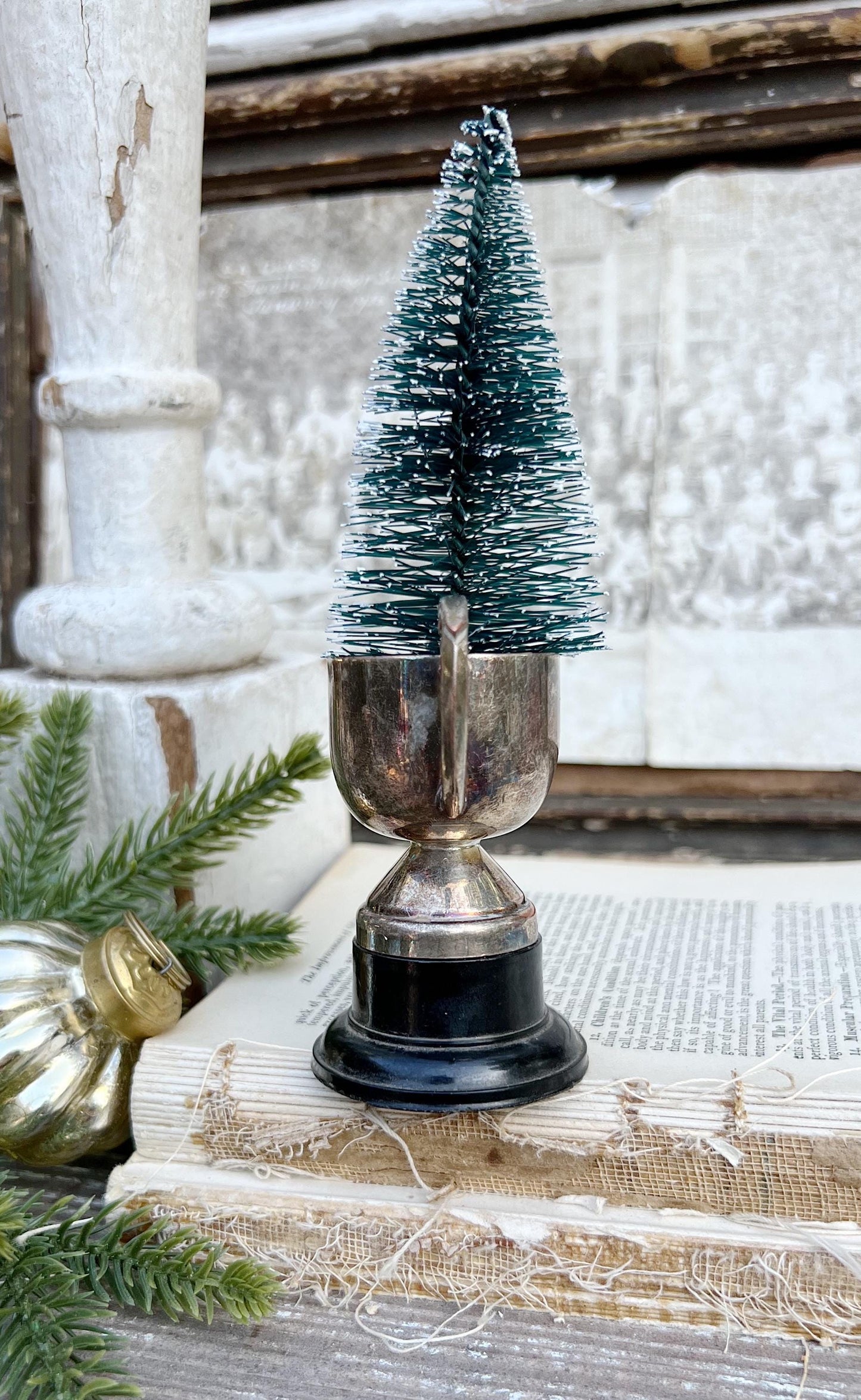 Vintage Loving Cup Trophy SILVER Christmas Tree Farmhouse Decor Industrial Salvage