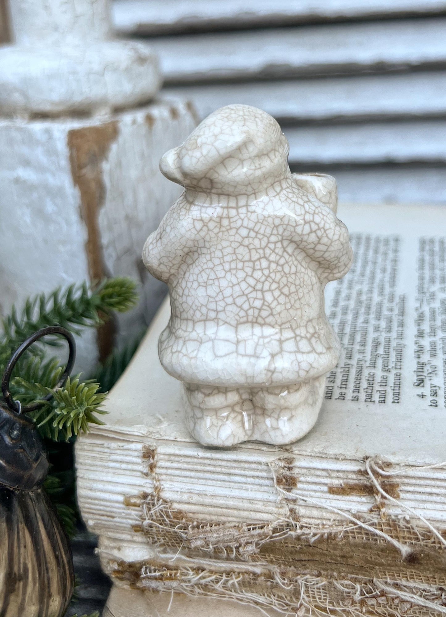 Vintage Ironstone Santa Claus Candle Holder Creamy WHITE Farmhouse Christmas Decor Stained Crazing Tiny
