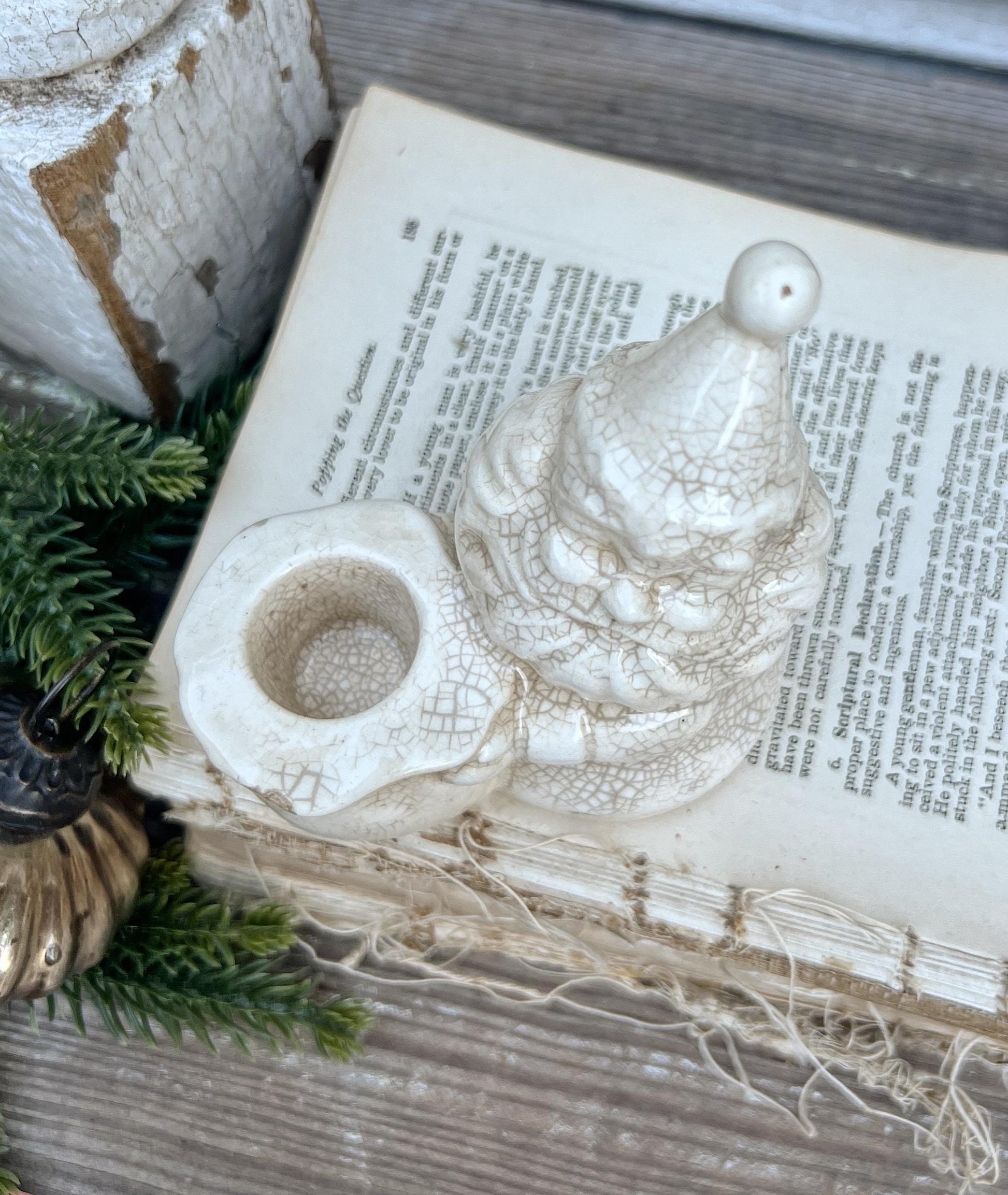 Vintage Ironstone Santa Claus Candle Holder Creamy WHITE Farmhouse Christmas Decor Stained Crazing BRINNS Crazed Stained