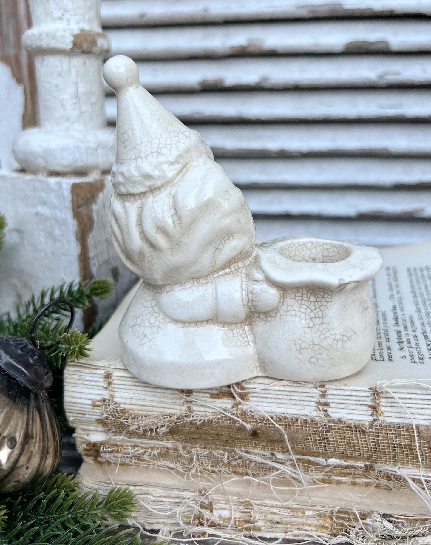 Vintage Ironstone Santa Claus Candle Holder Creamy WHITE Farmhouse Christmas Decor Stained Crazing BRINNS Crazed Stained